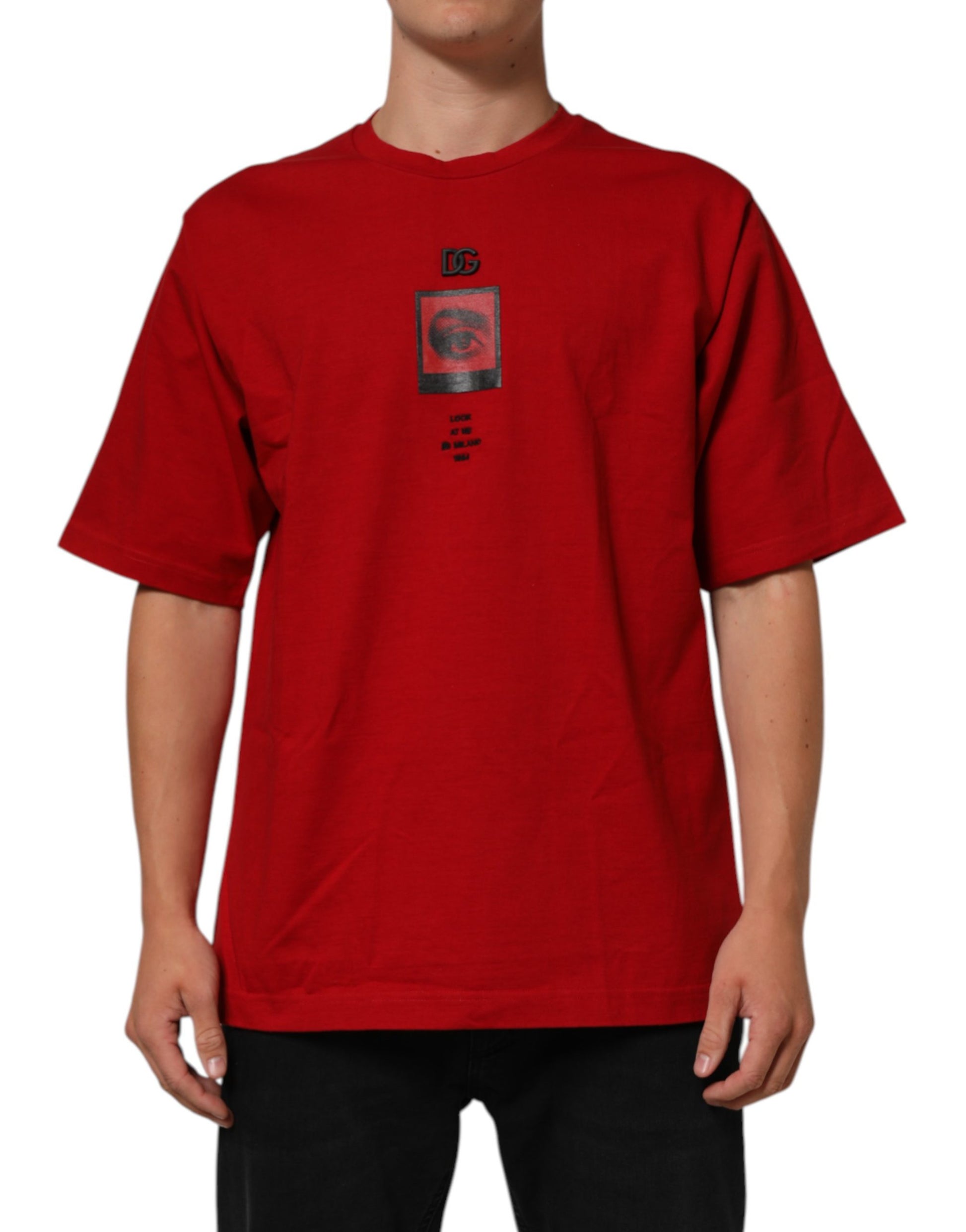 Red t-shirt with graphic design on front