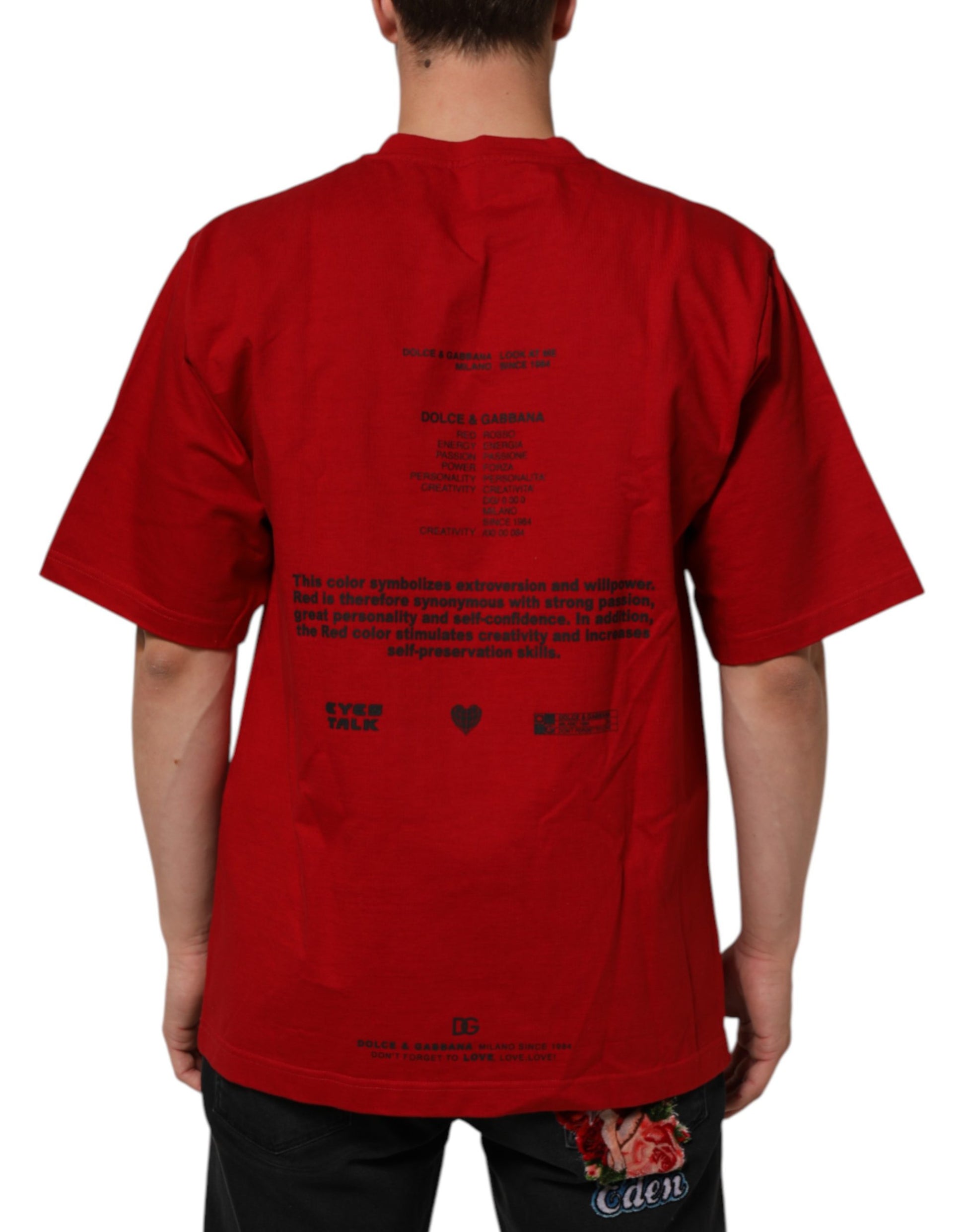 Red t-shirt with white text on back