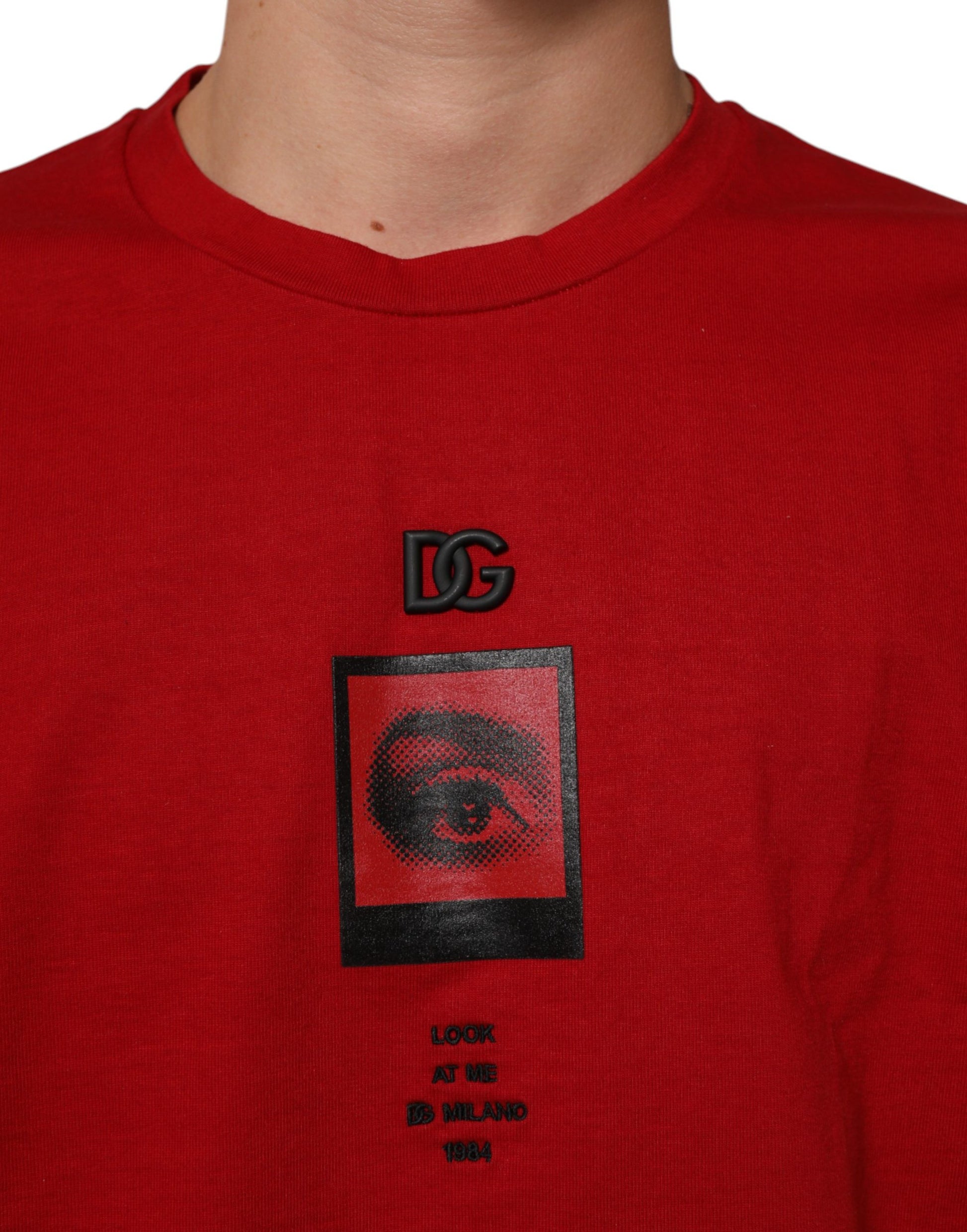 Red shirt with black logo on front