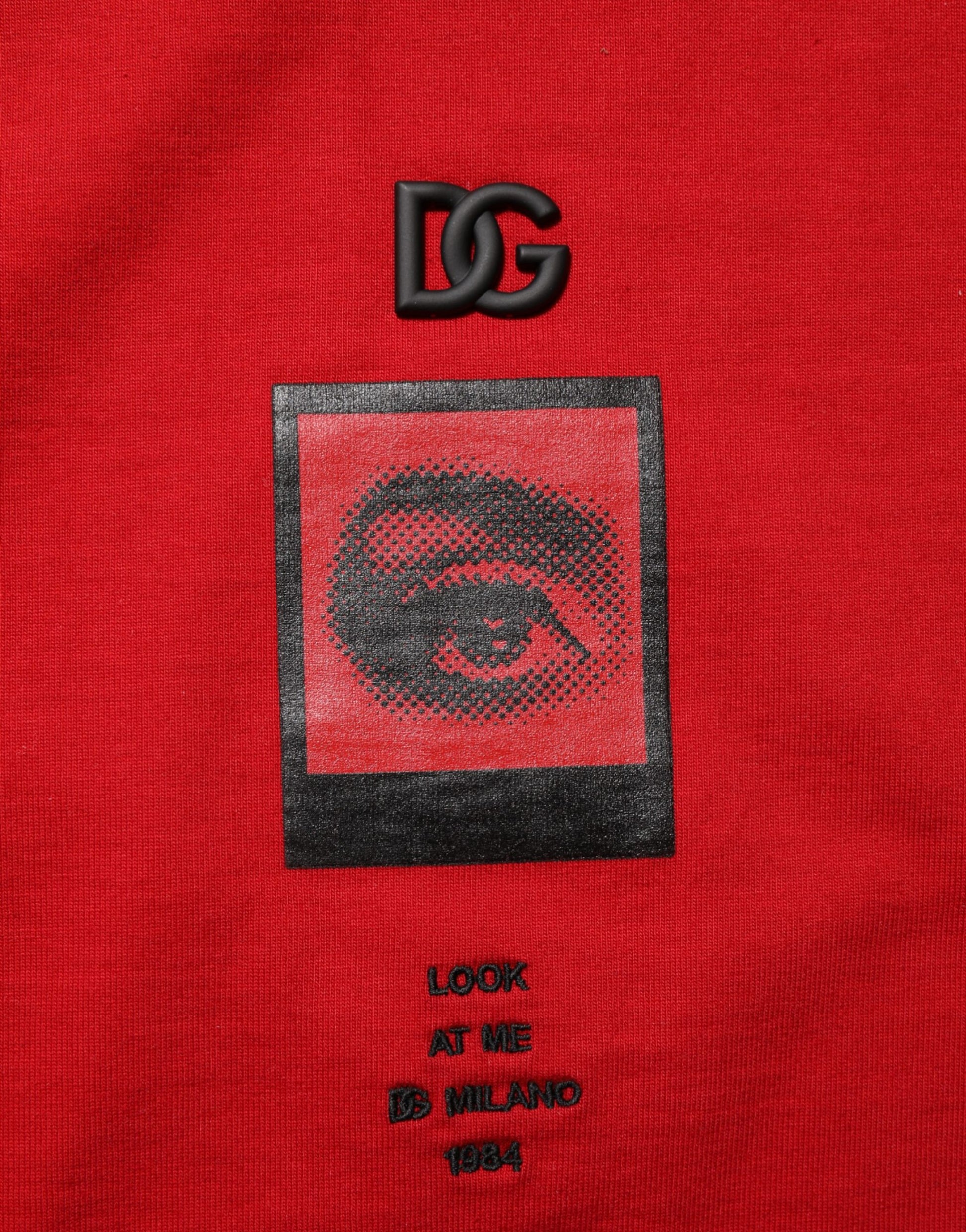 Red shirt with black logo on front