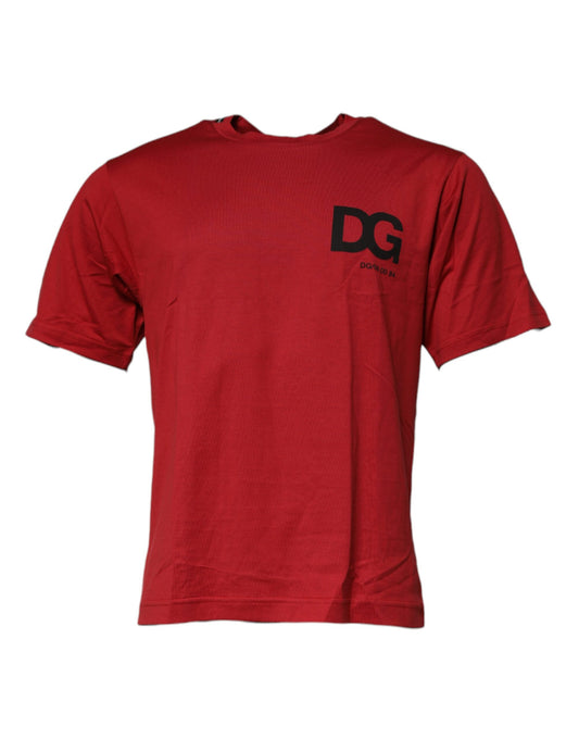 Red short sleeve shirt with black logo on front