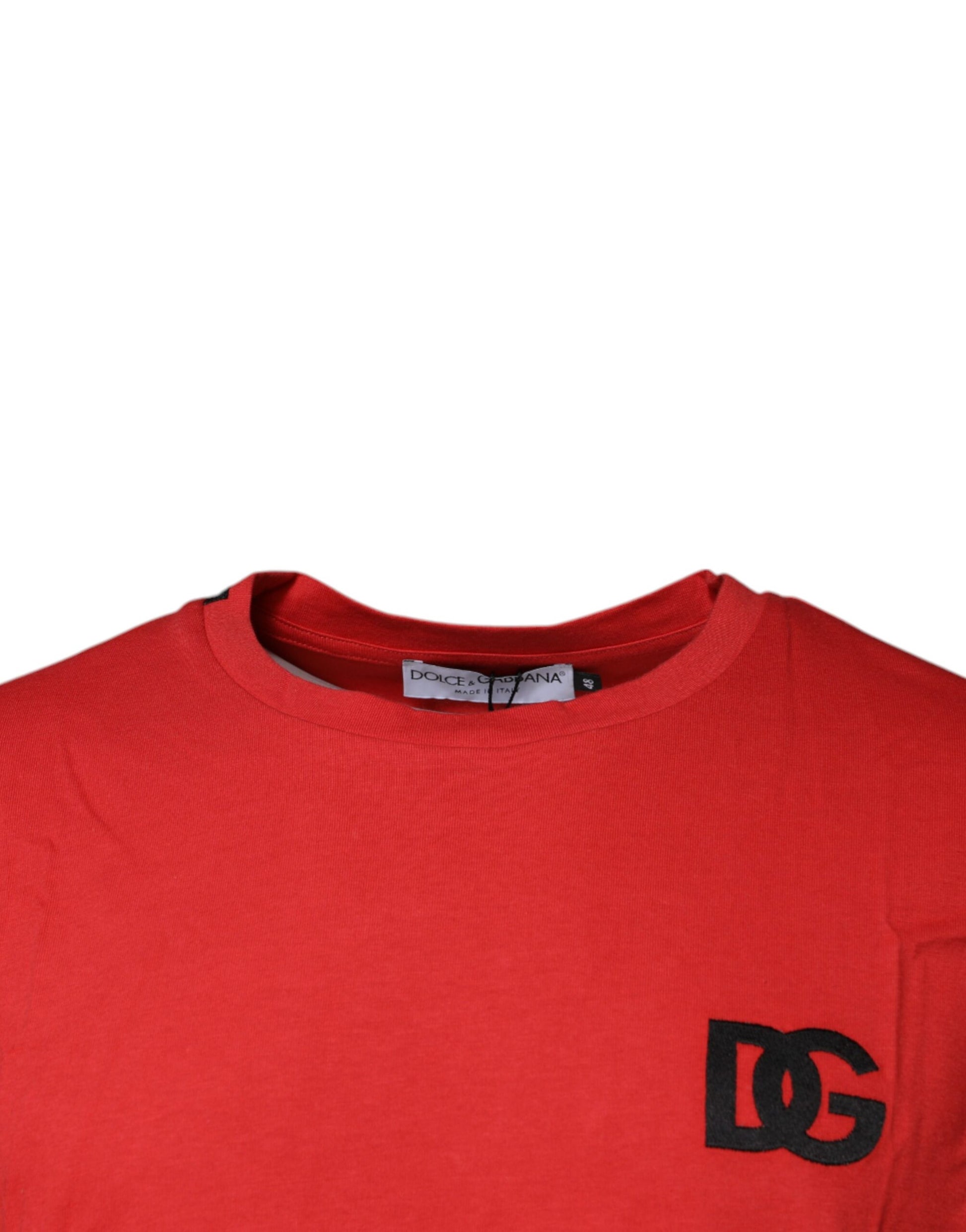 Red t-shirt on hanger with black label