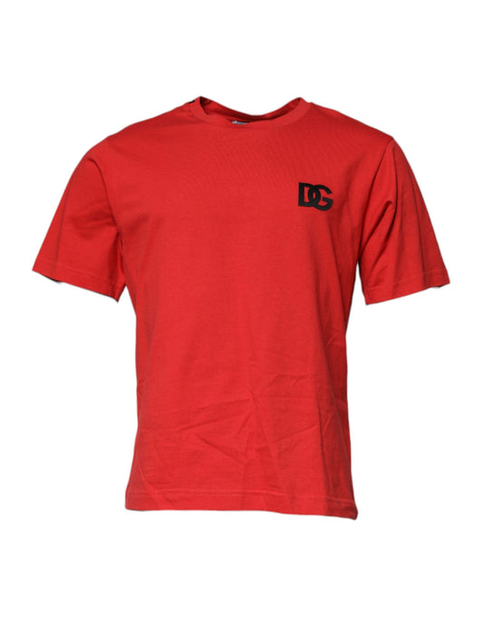 Red short sleeve t-shirt with black logo on front