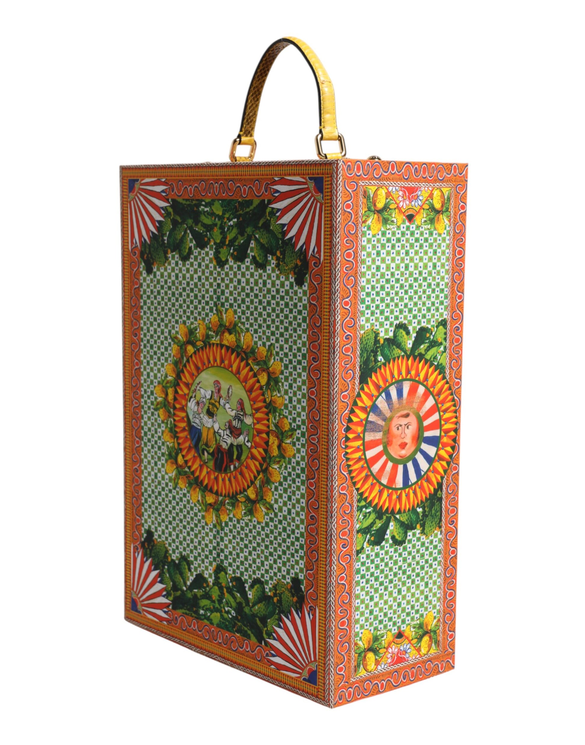 Colorful ceramic box with floral design and leather handles