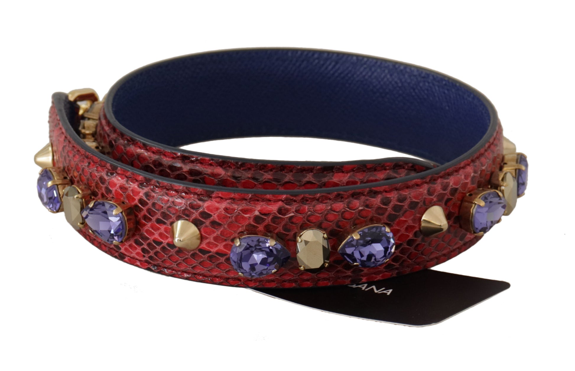 Blue bracelet with red stones and gold accents