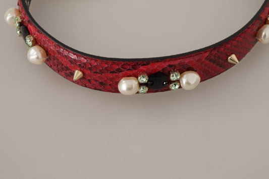 Red snake skin necklace with pearl accents