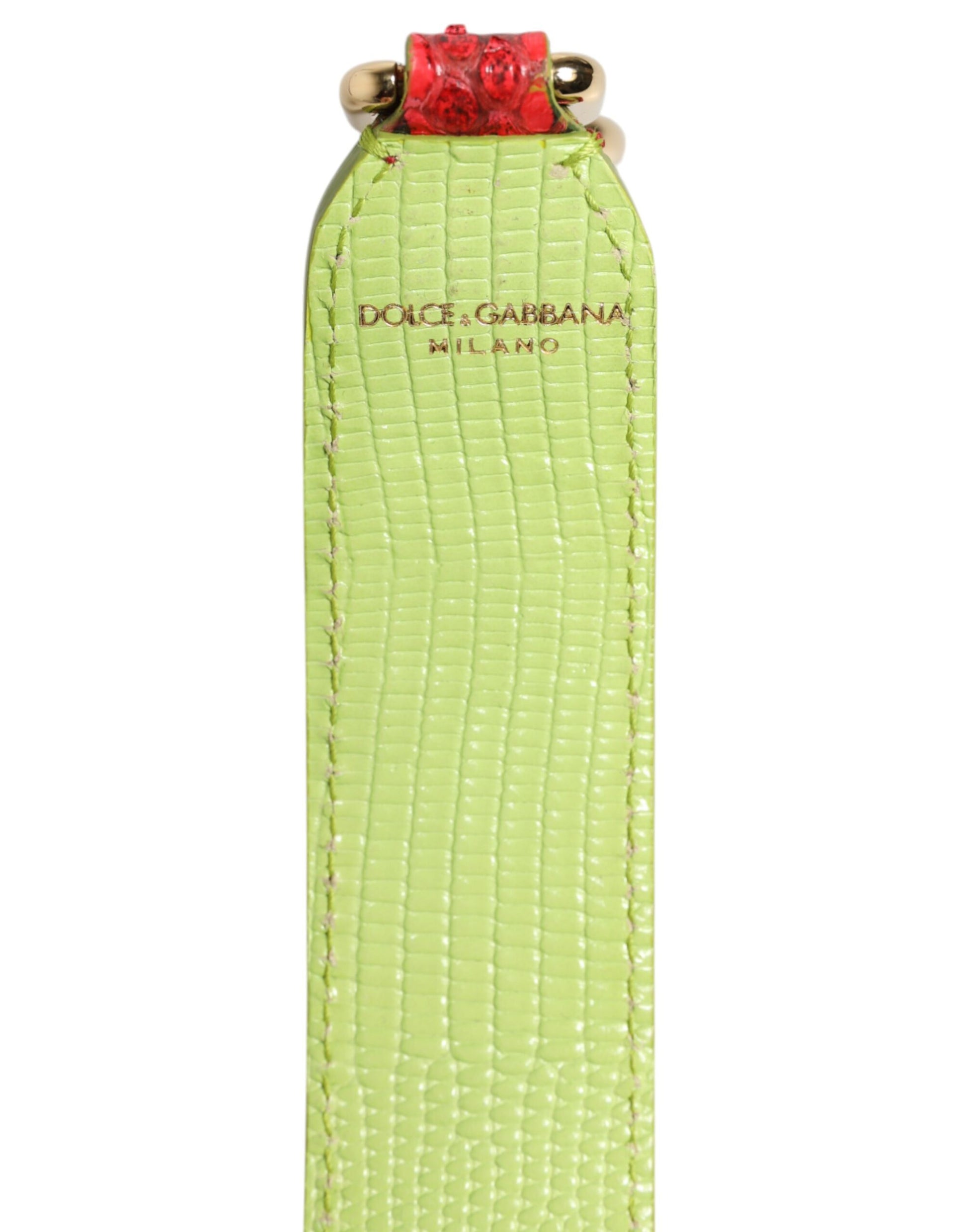 Green leather belt with red accents