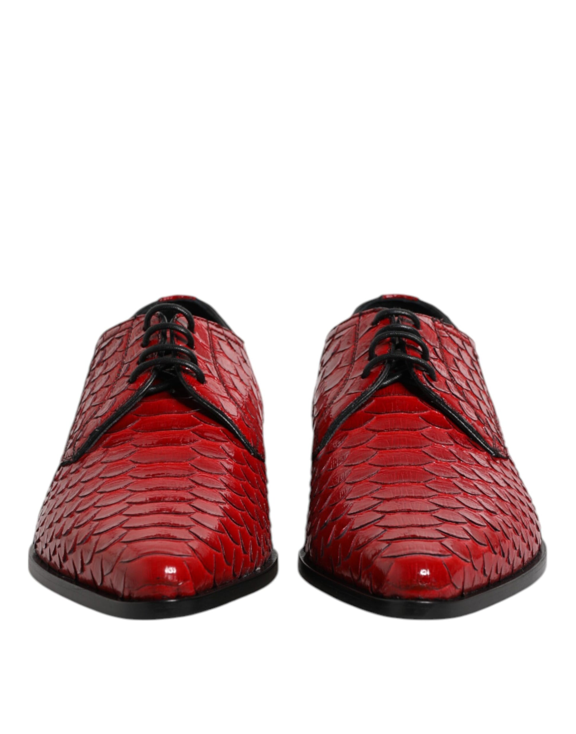 Pair of red exotic leather lace-up dress shoes with a unique texture