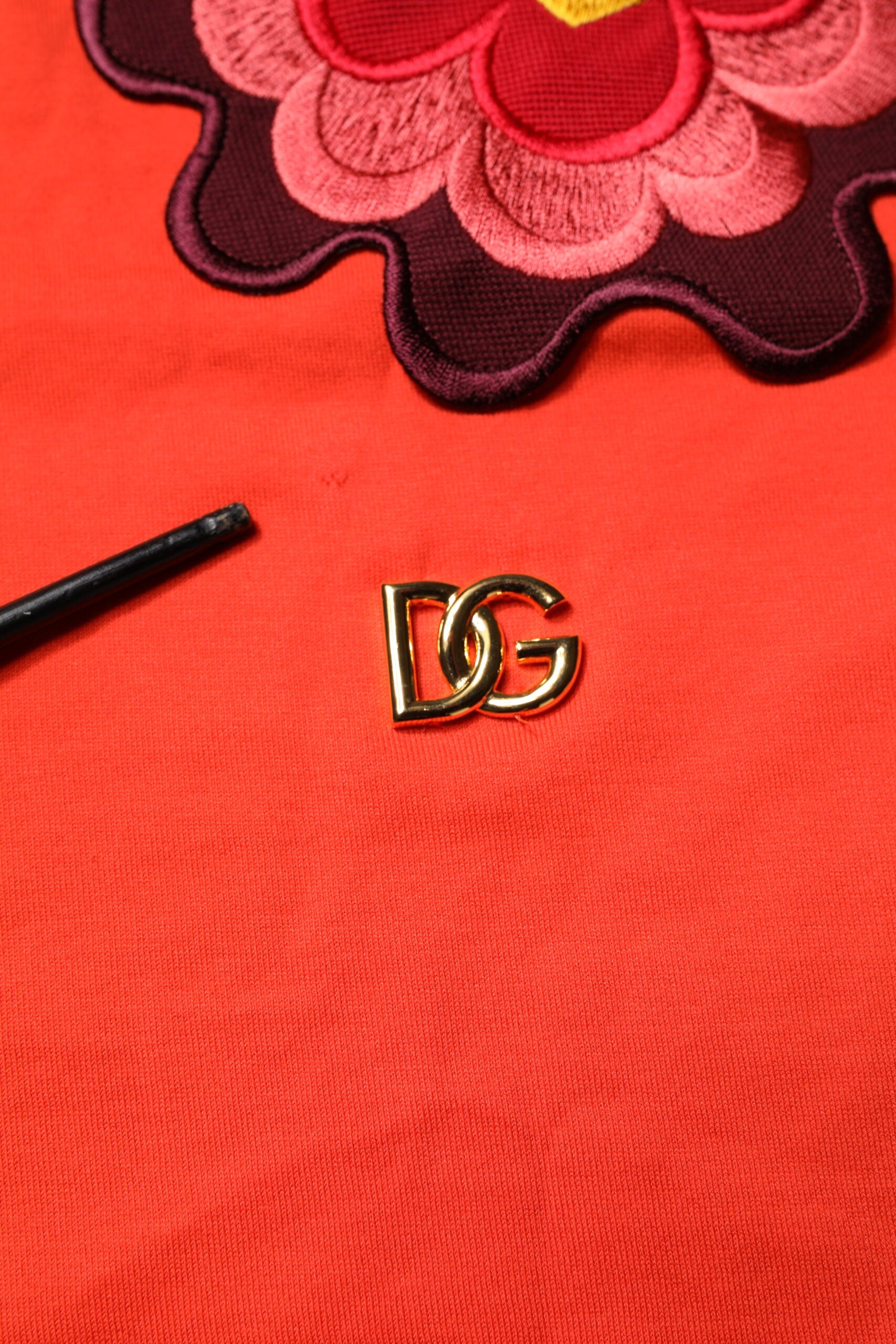 Small gold lettered D&G logo on a red surface