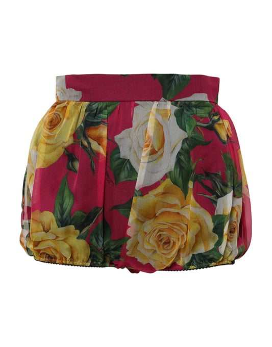 Short skirt with floral pattern featuring yellow roses on a red background