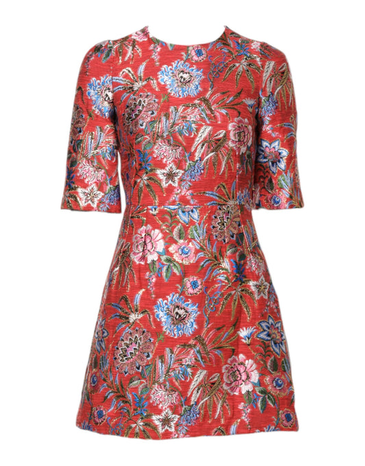 Red floral jacquard dress with long sleeves and fitted waist