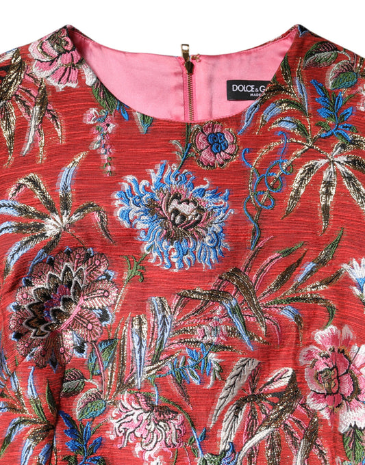 Red floral jacquard dress with pink collar and zipper