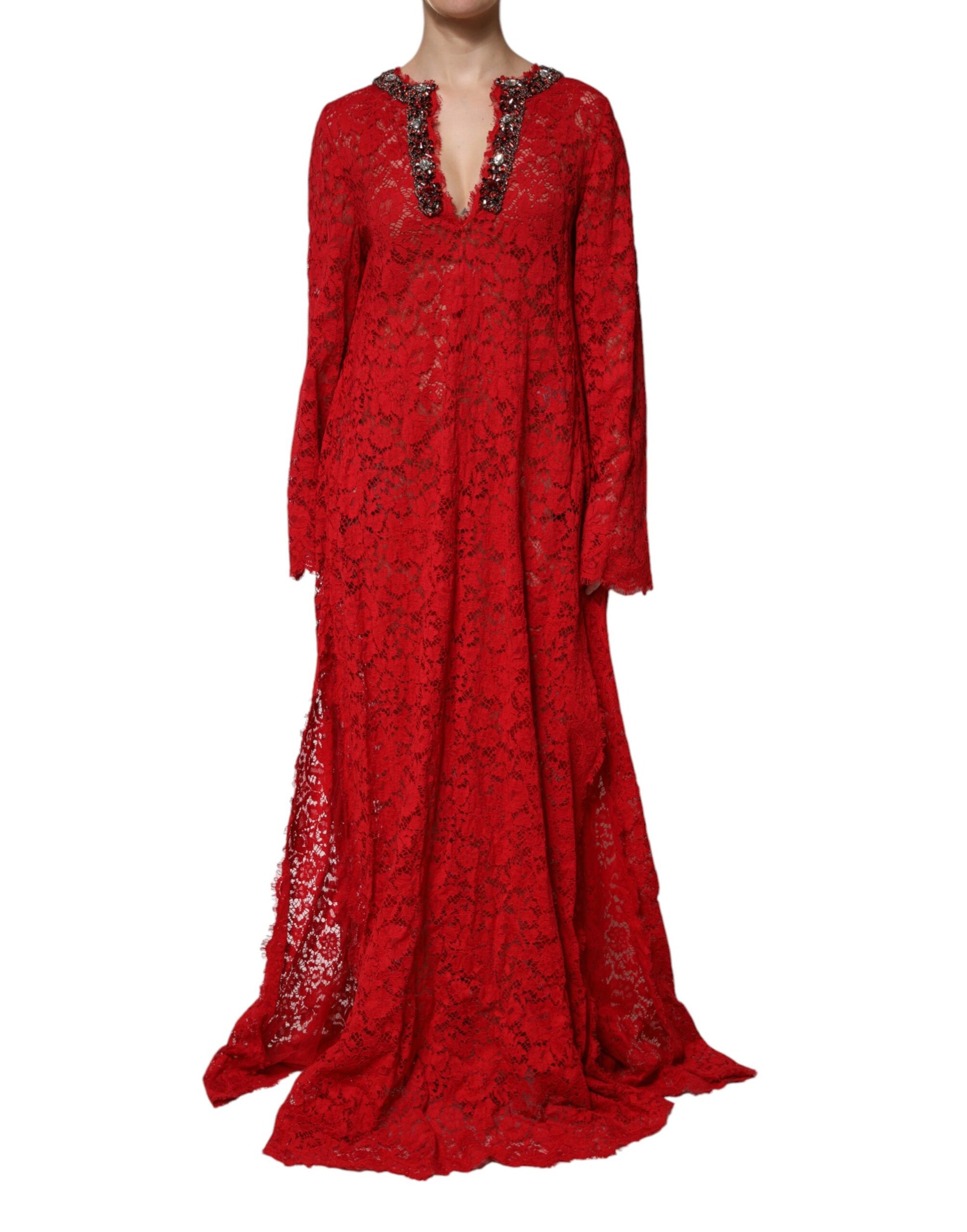A long red dress with lace and rhinestones, designed by Dolce & Gabbana