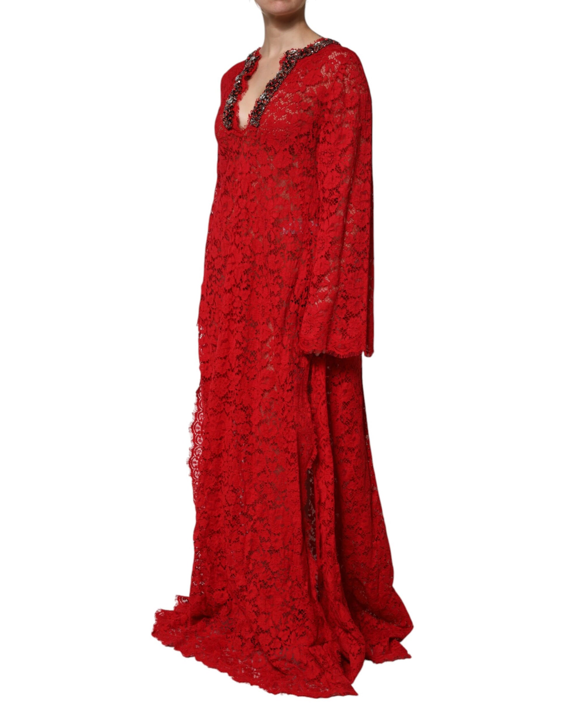Long red dress with lace and rhinestones, sleeveless design