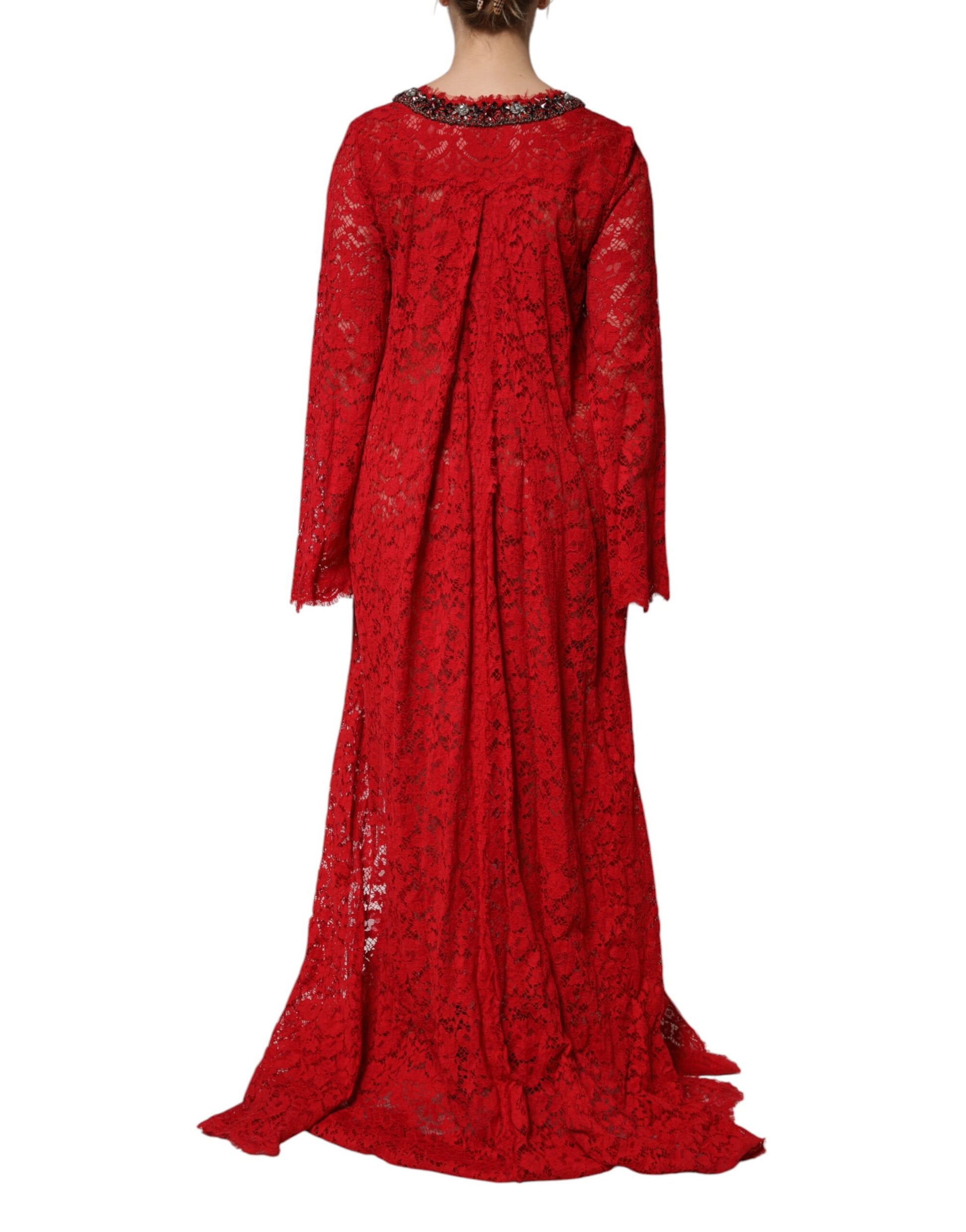 A long red dress with lace and rhinestones, designed by Dolce & Gabbana