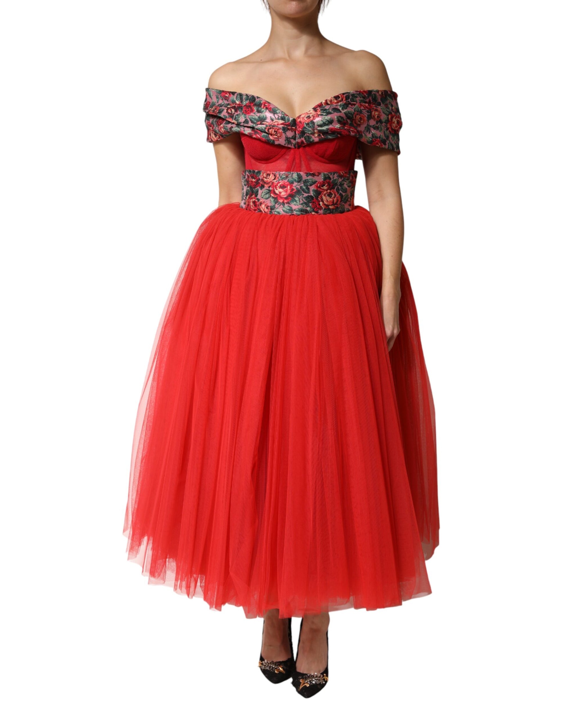 Red ball gown with floral embroidery on bodice