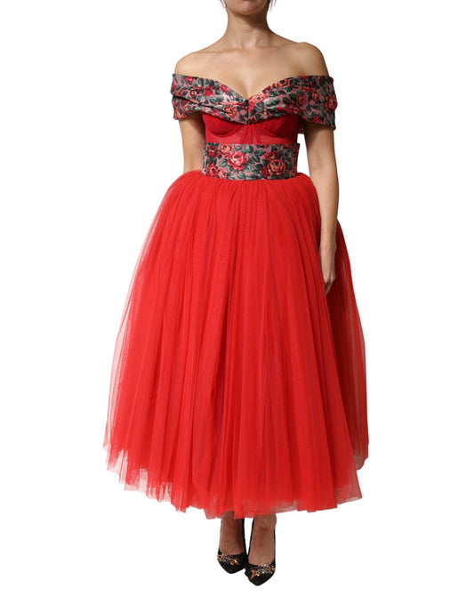 Red ball gown with floral embroidery on bodice