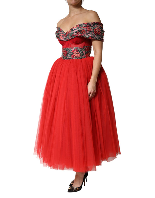 Red ball gown with floral pattern on bodice