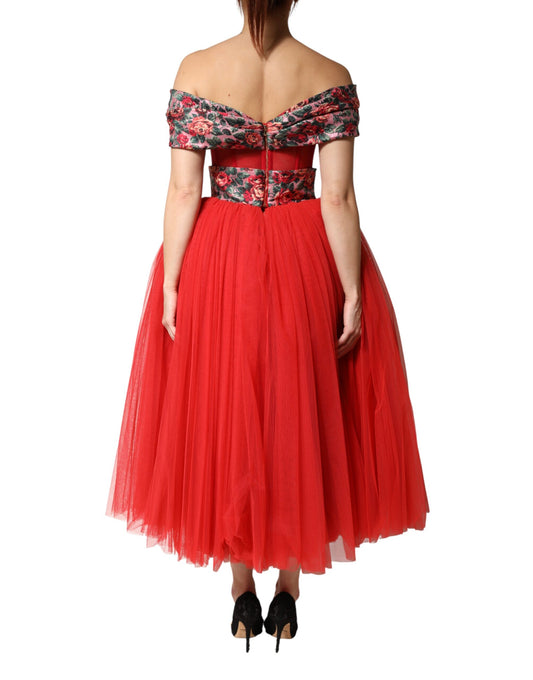 Red vintage style dress with ruffles and a floral pattern on back