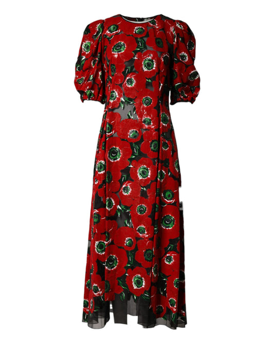 Long red floral print nylon dress with black lace trim and ruffled sleeves