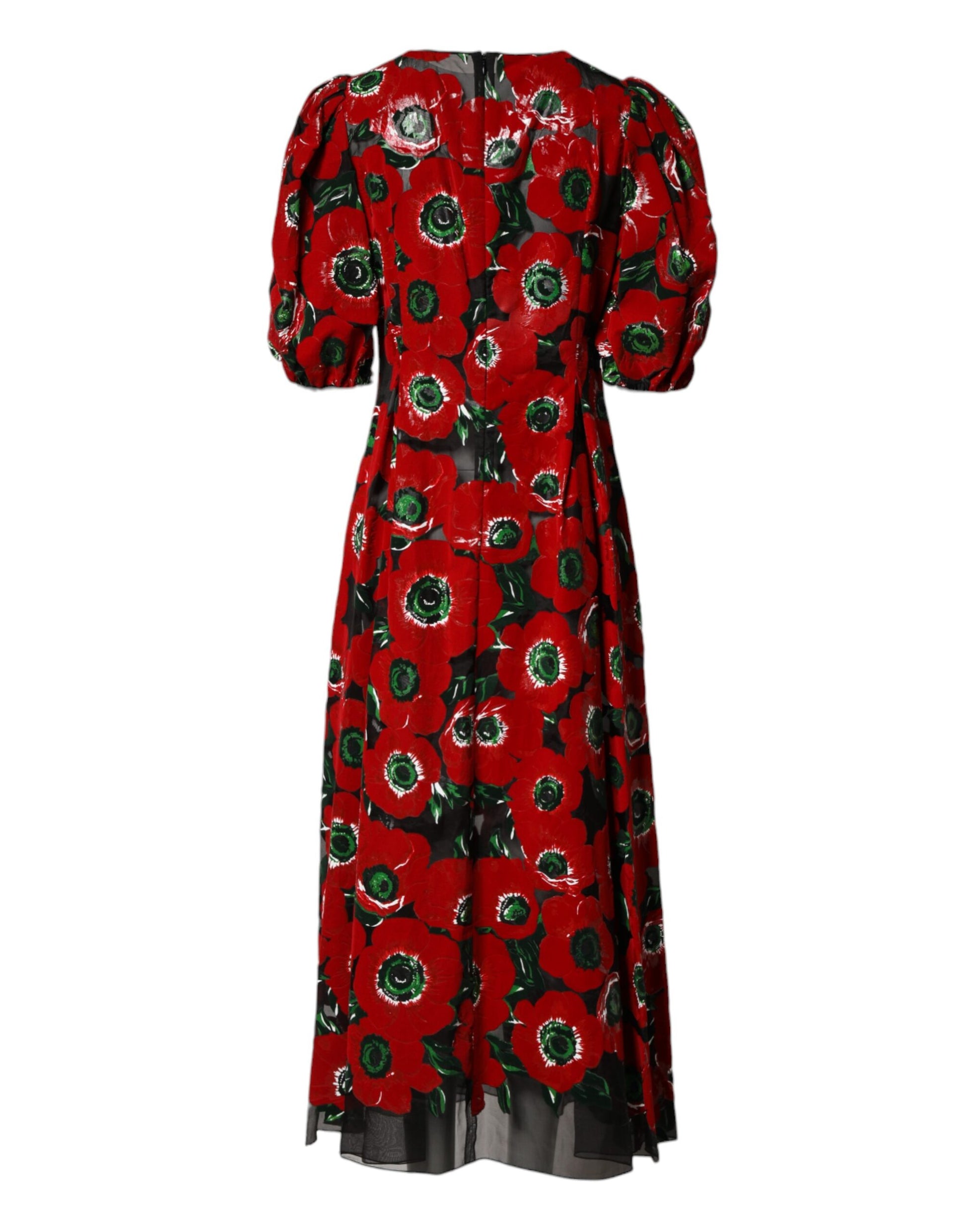 Long red floral print nylon dress with black trim and ruffles