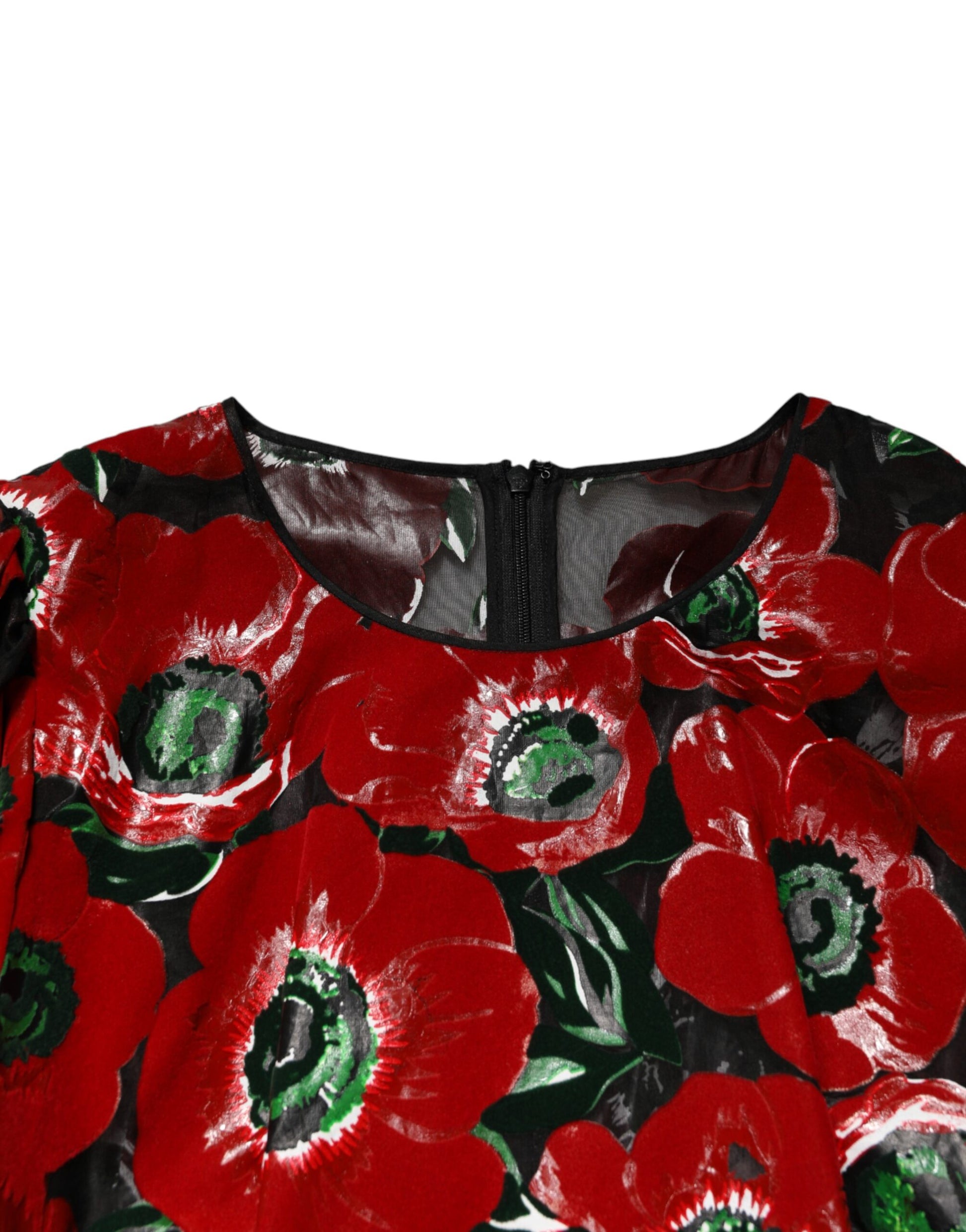 Red floral print nylon midi dress with black zipper detail
