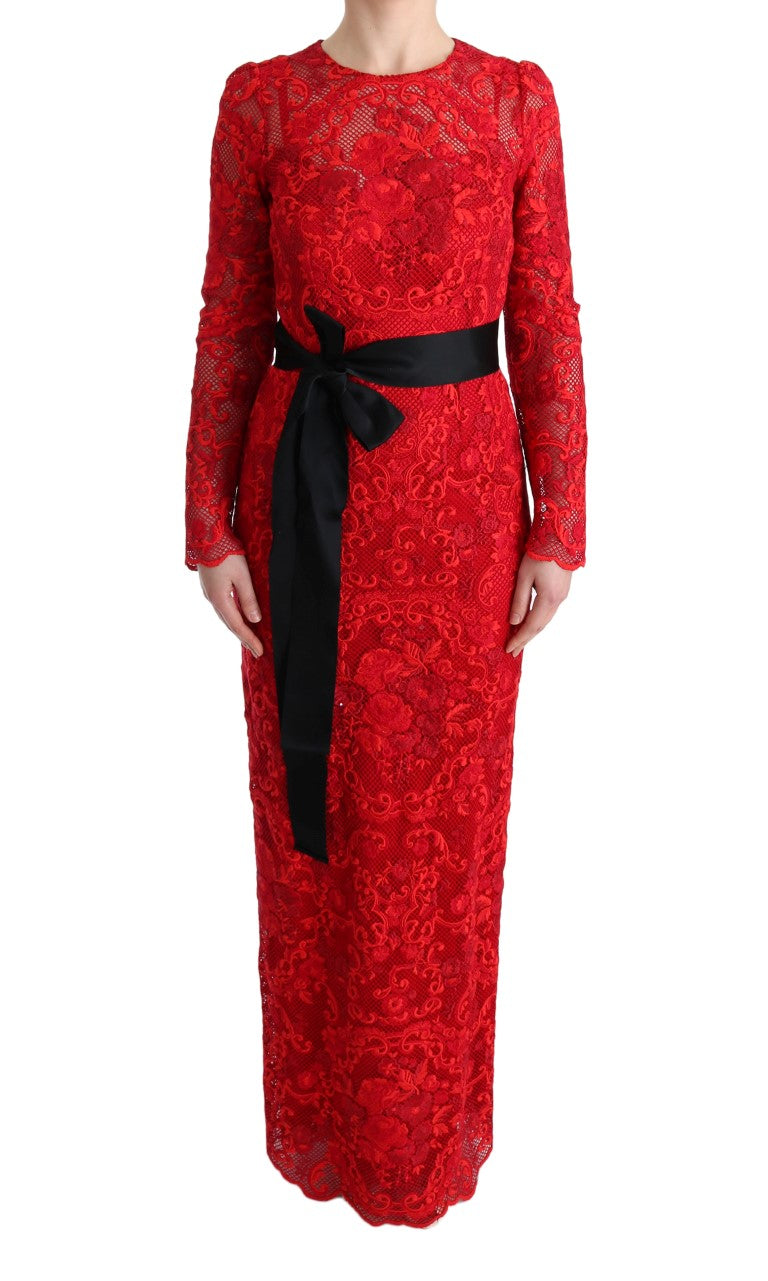 Long red lace dress with black belt