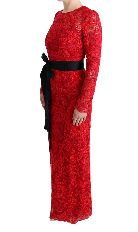 Red lace dress with black belt
