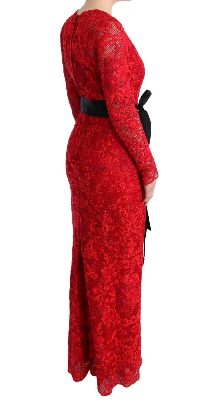 Red embroidered dress with black belt