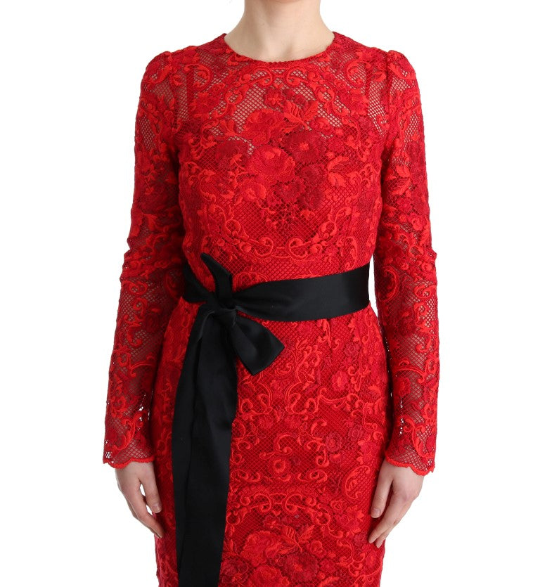 Red lace dress with black belt