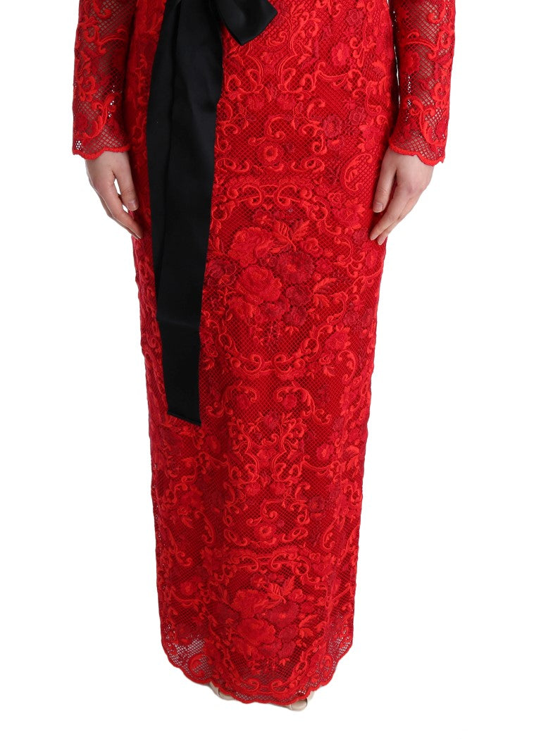 Long red embroidered dress with black trim