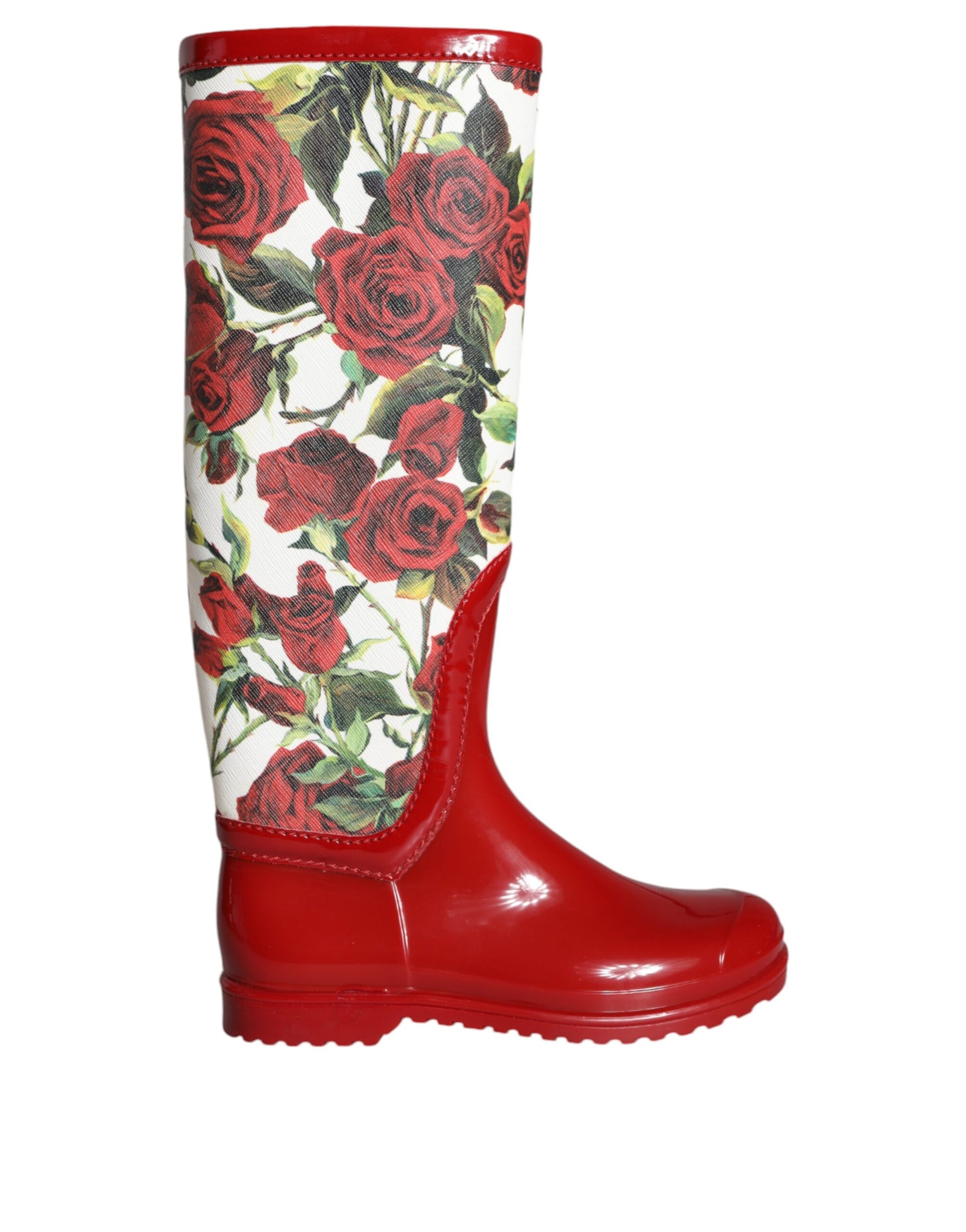 Red rain boot with floral pattern