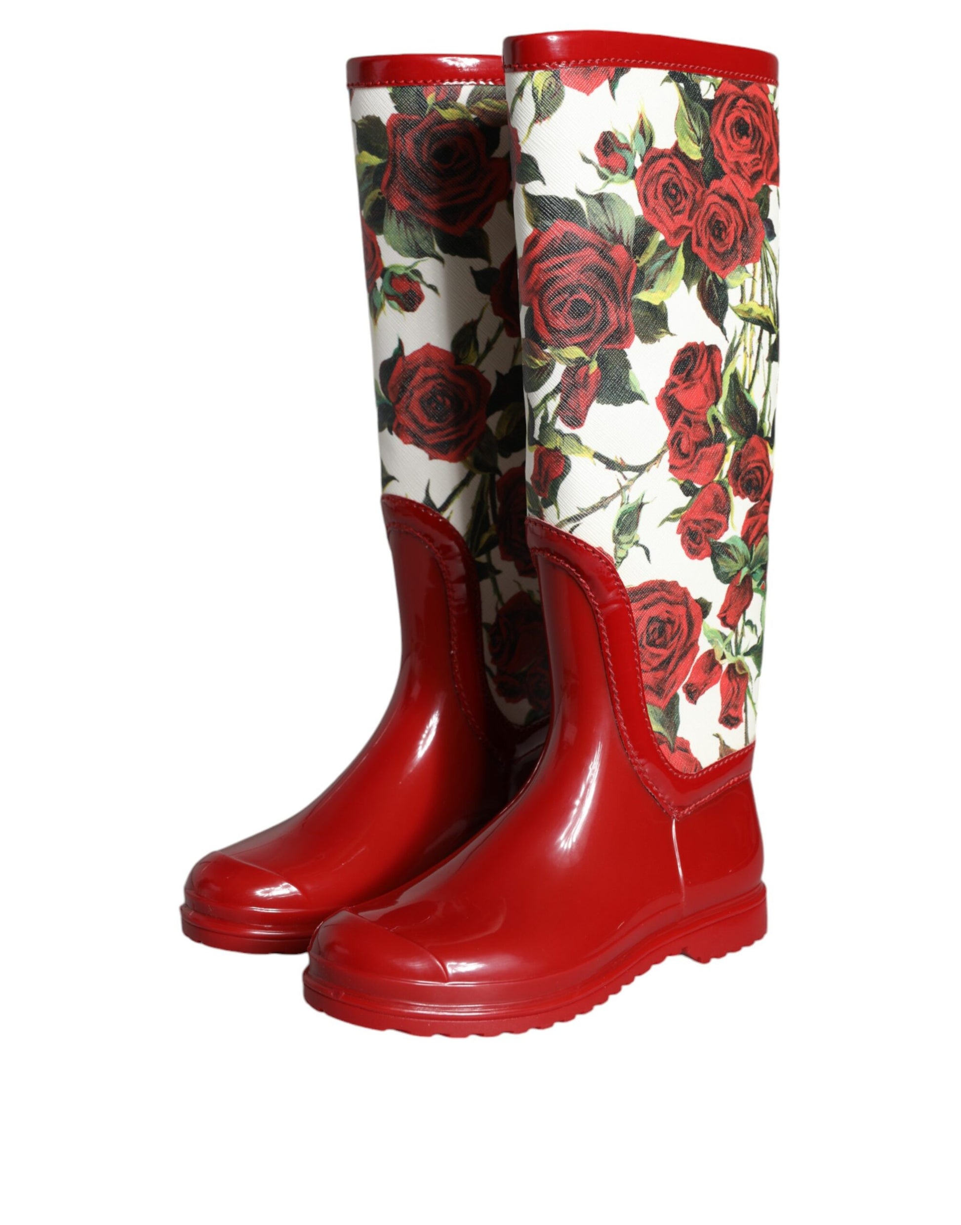 Red rain boots with floral pattern on side