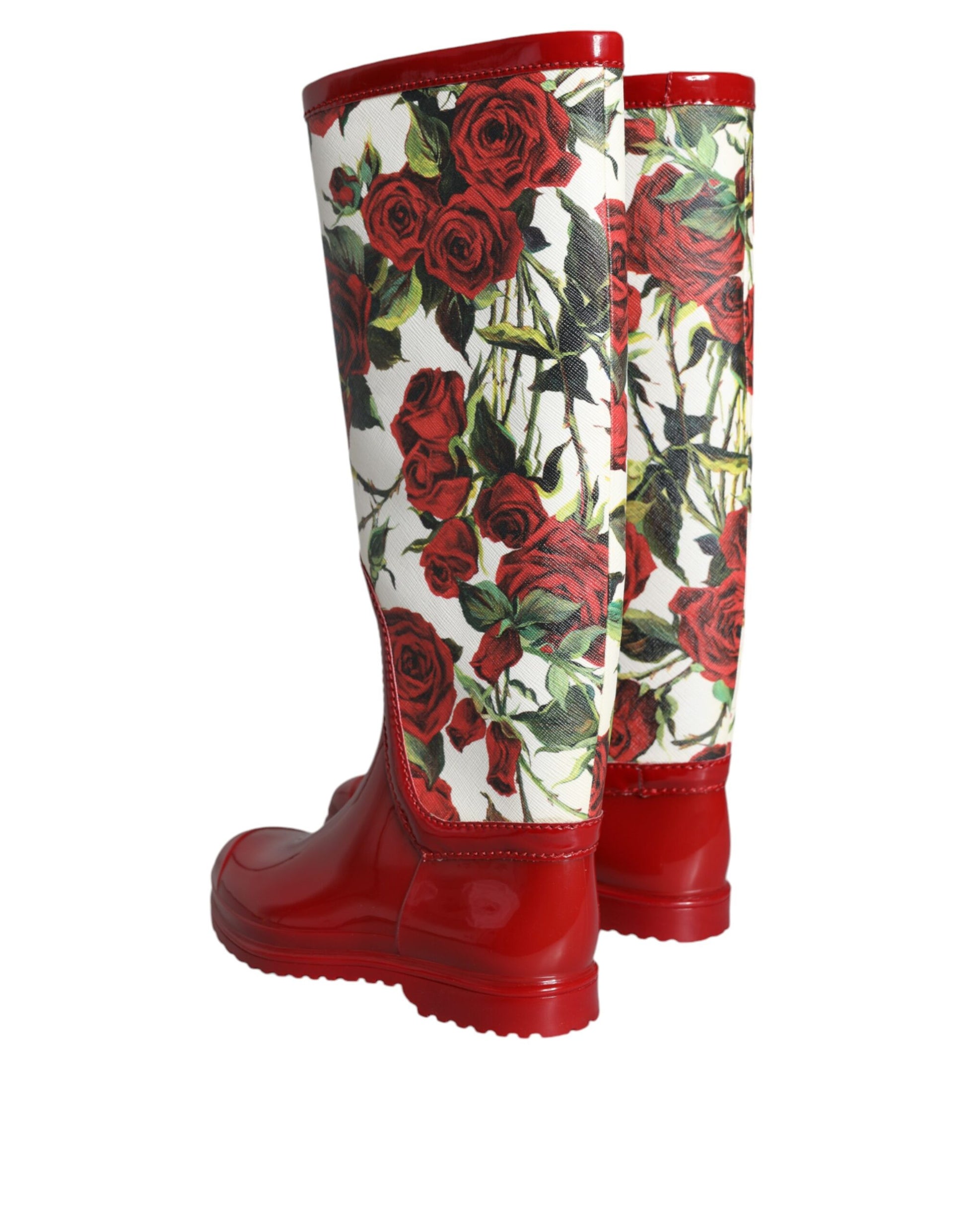 Red rain boots with floral pattern