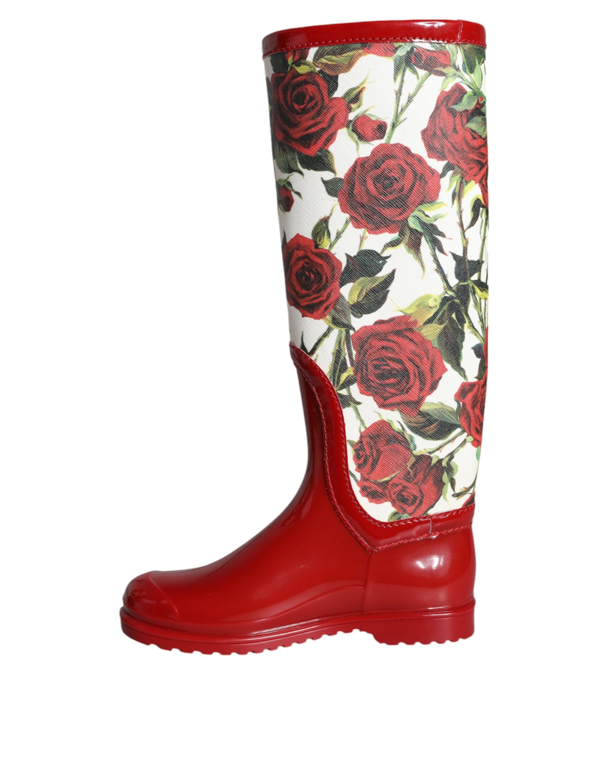 Red rain boot with floral pattern on side