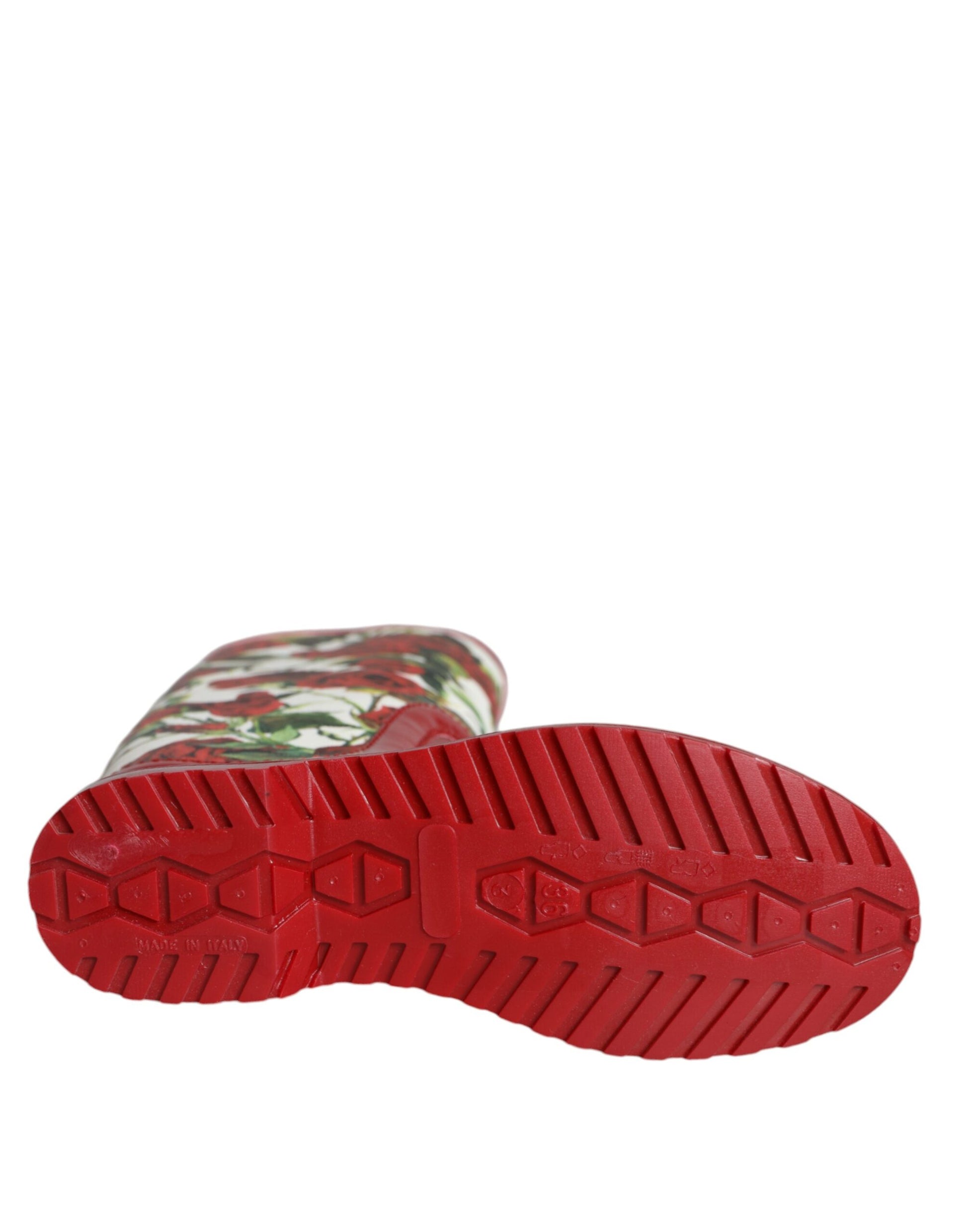 Red shoe with floral pattern on sole