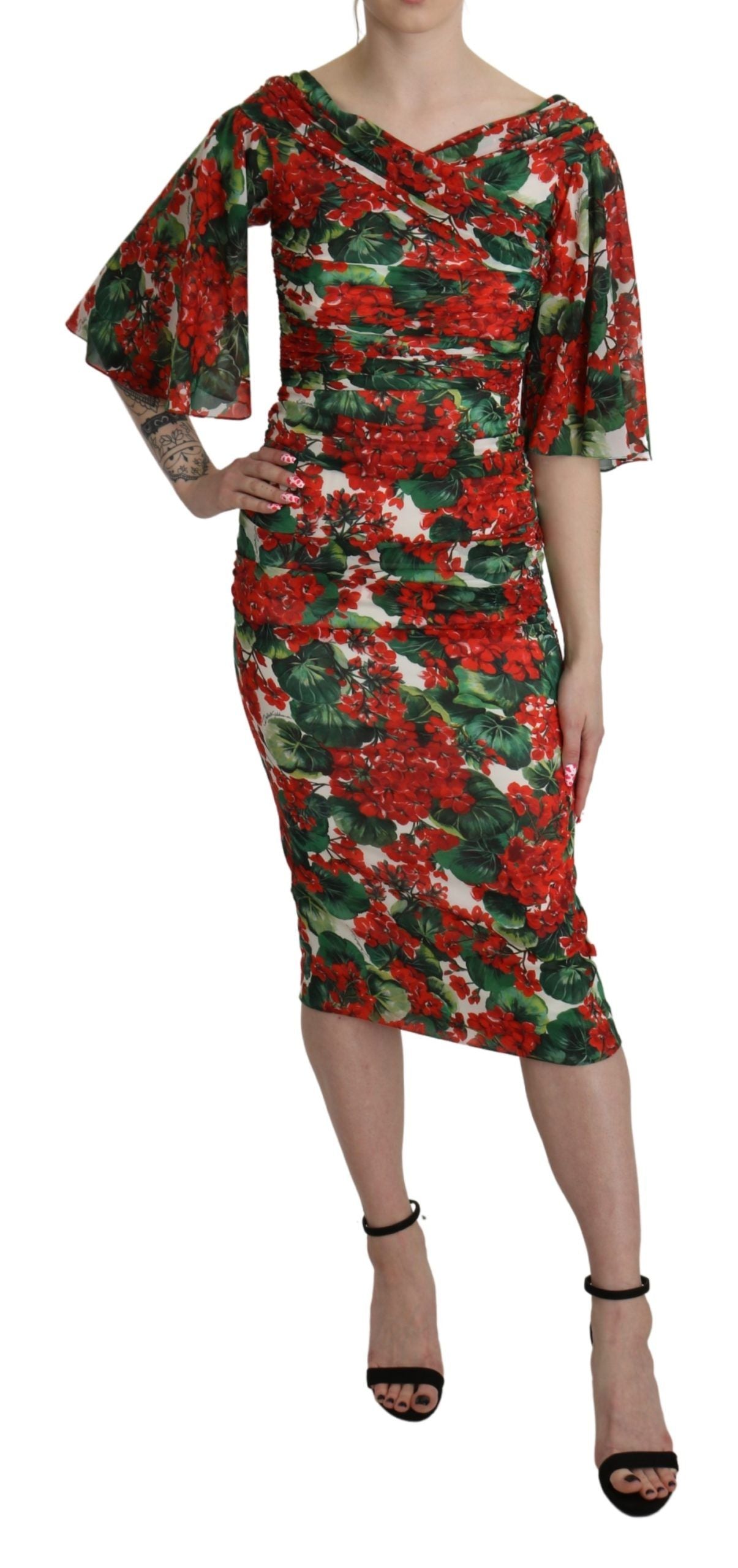 A red floral midi dress with stretch silk fabric