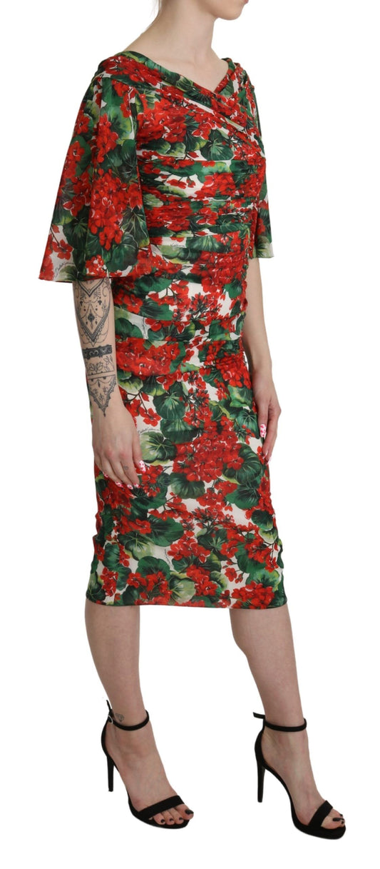 A red floral midi dress with stretch silk fabric