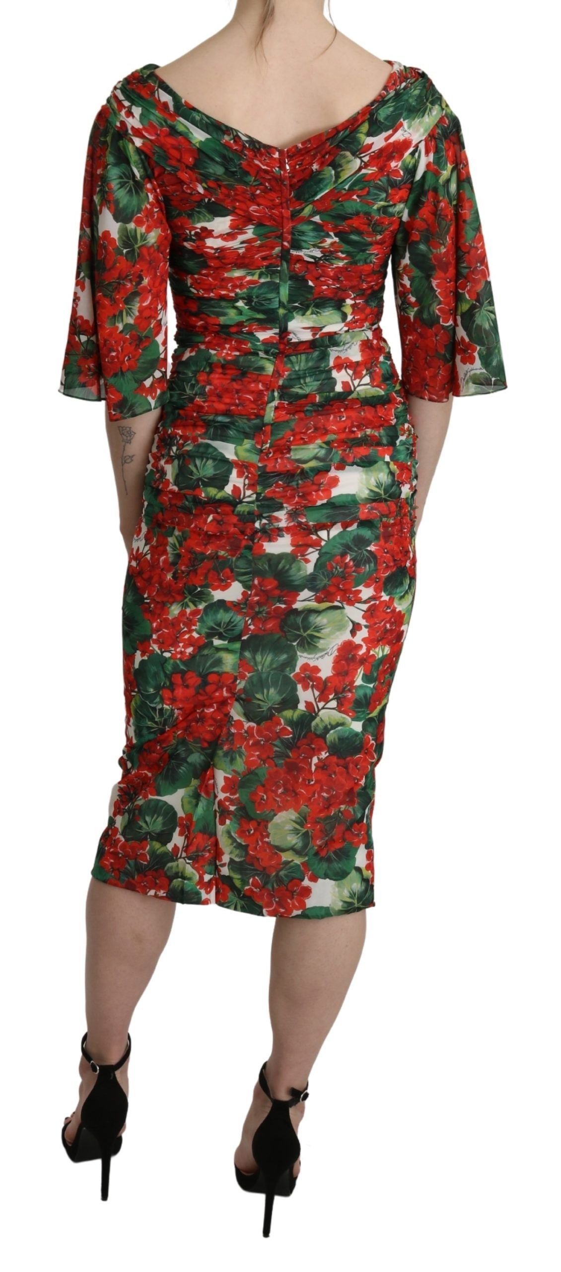 A red floral midi dress with stretch silk fabric