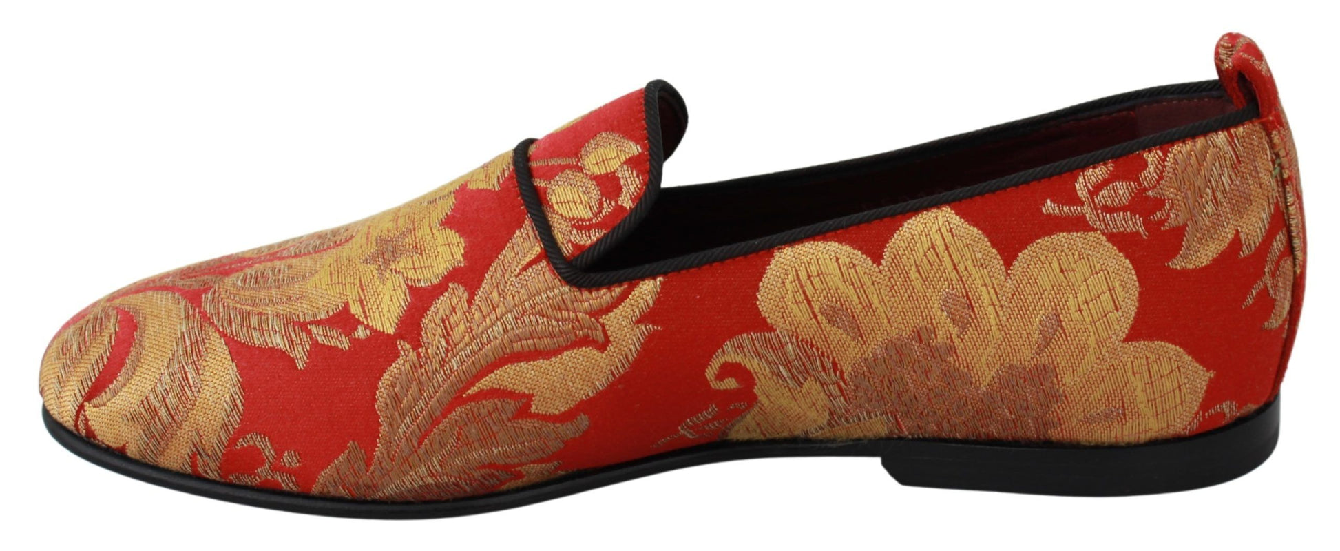 Red and gold embroidered women's shoes with black soles