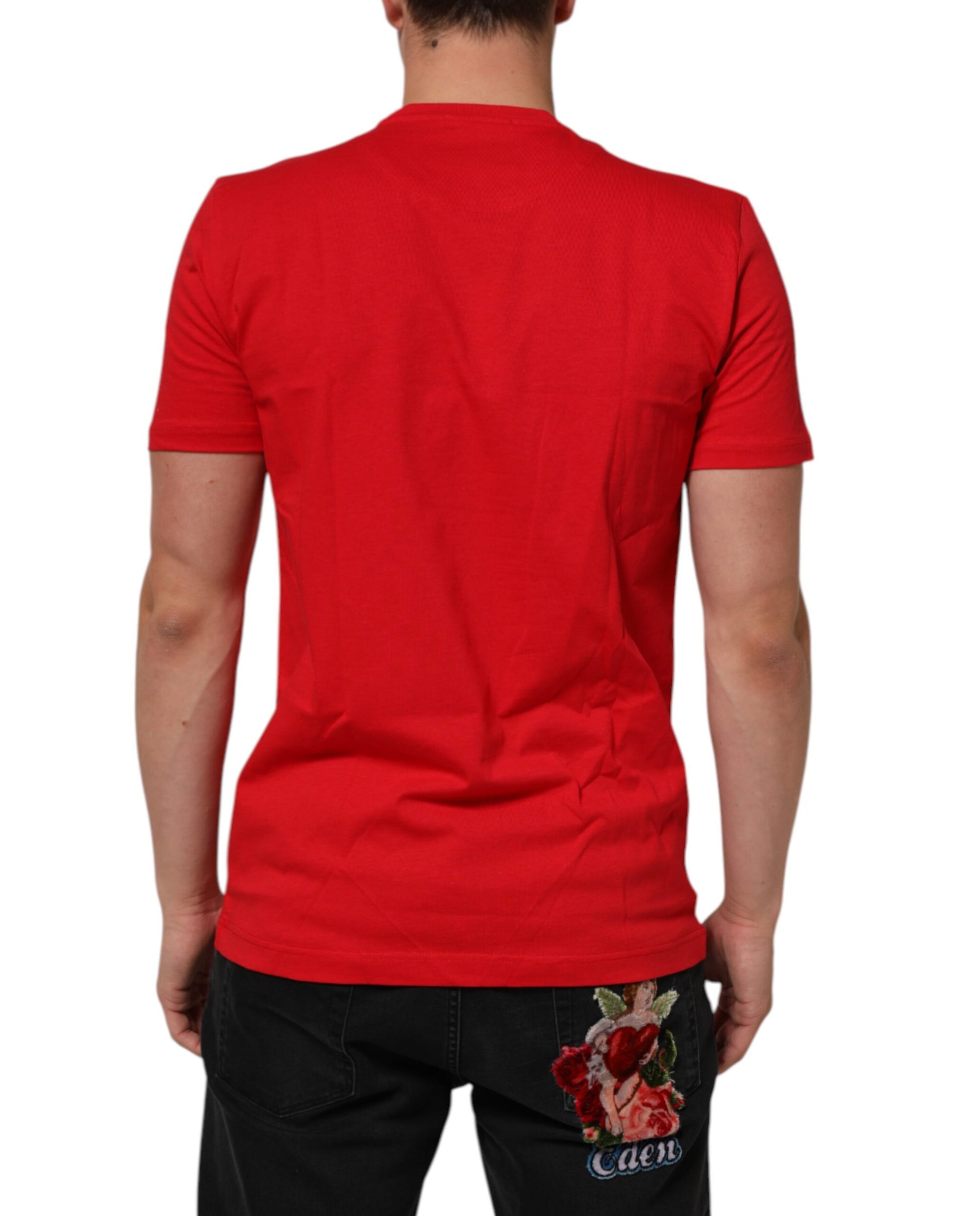 Red short sleeve t-shirt with graphic on back