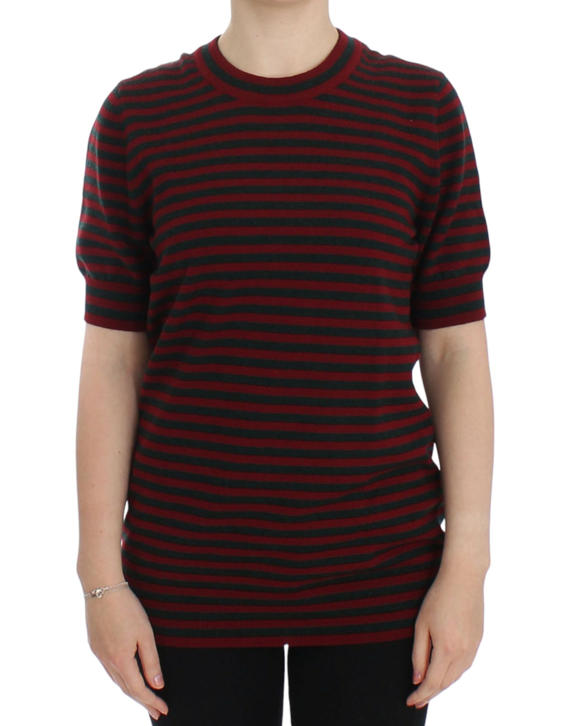 Red and black striped sweater worn by woman