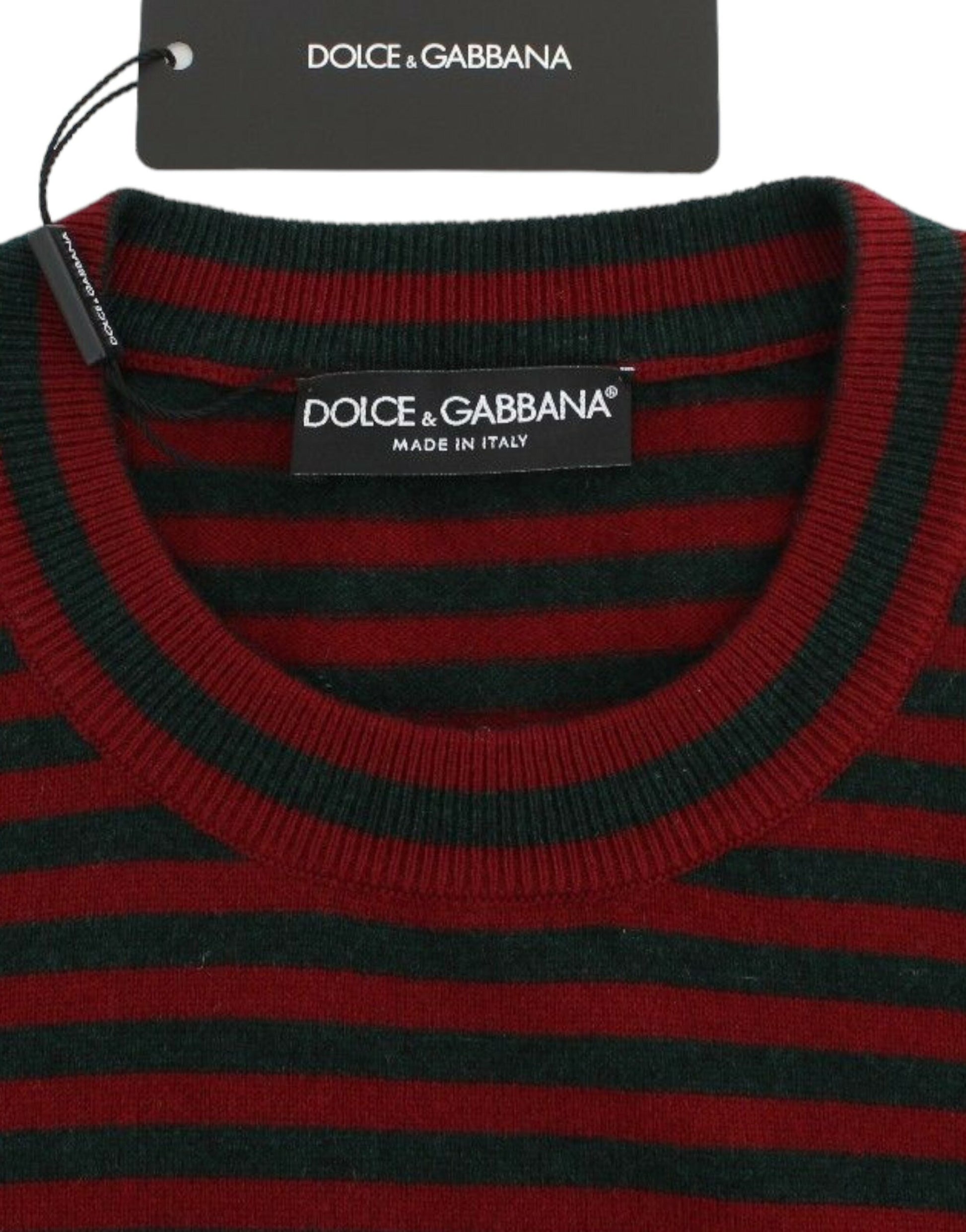 Red sweater with black stripes on neckline