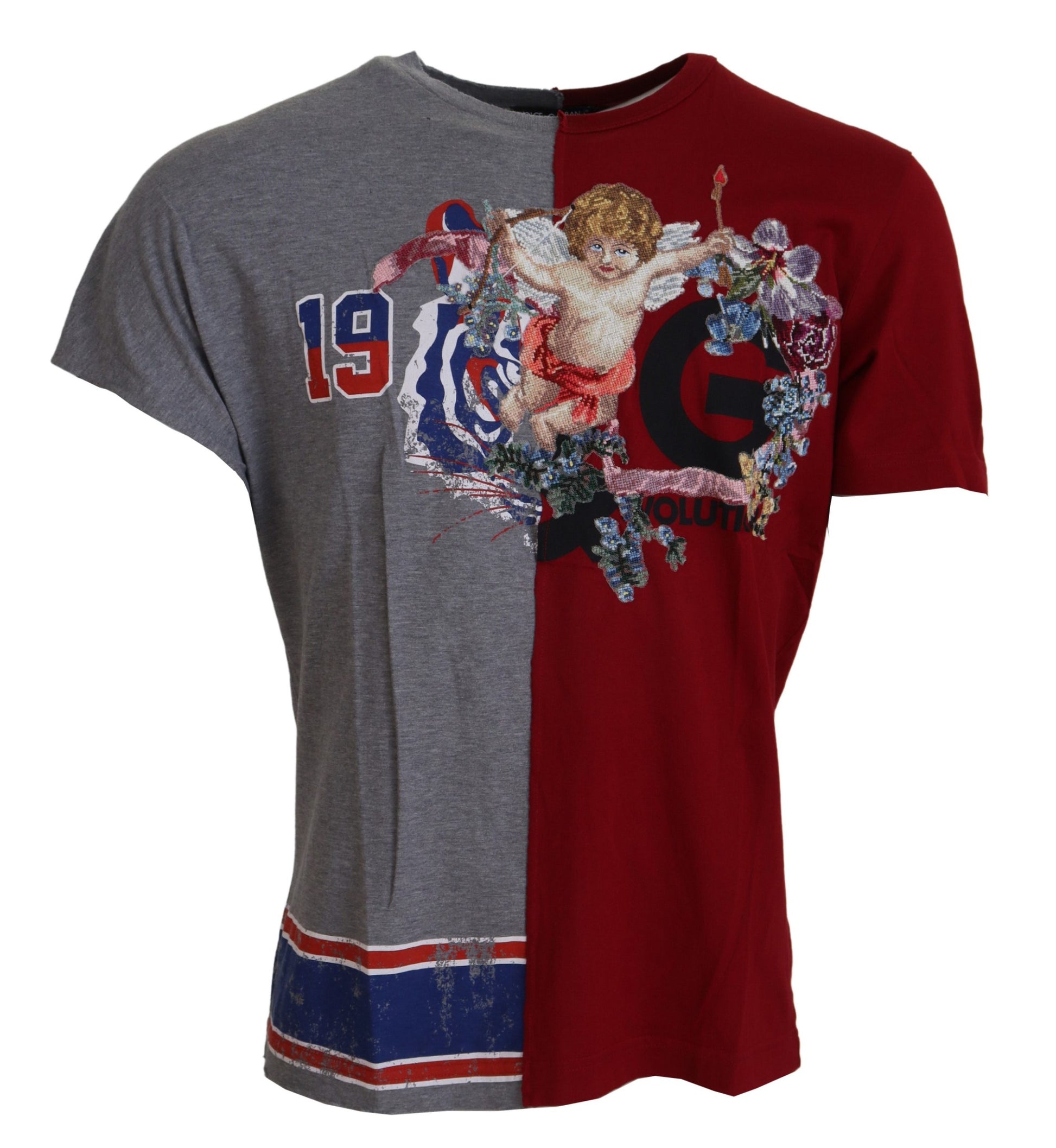 Shirt with red and gray halves