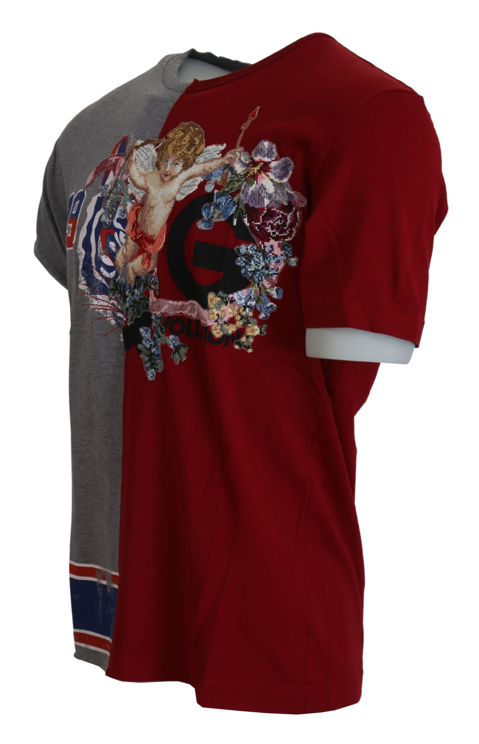 Red shirt with embroidered design on front