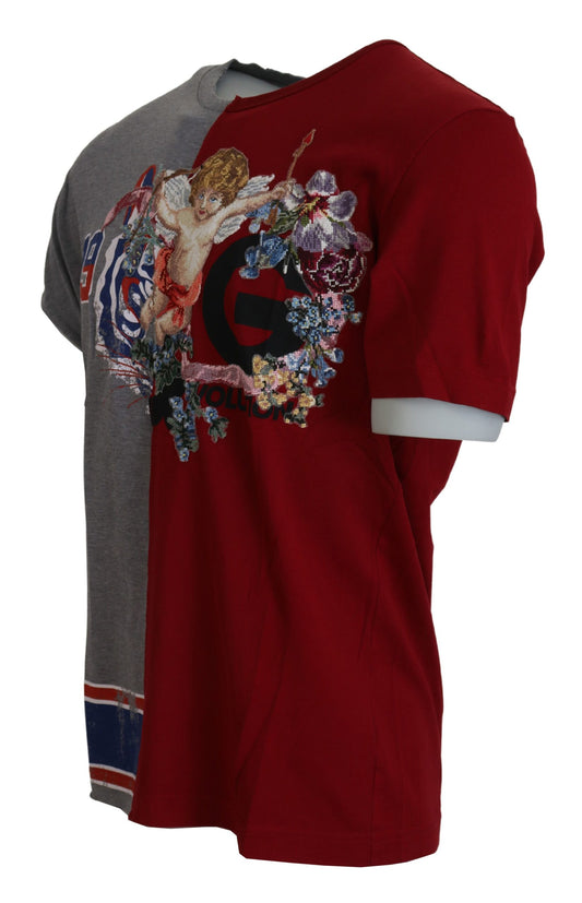 Red shirt with embroidered design on front
