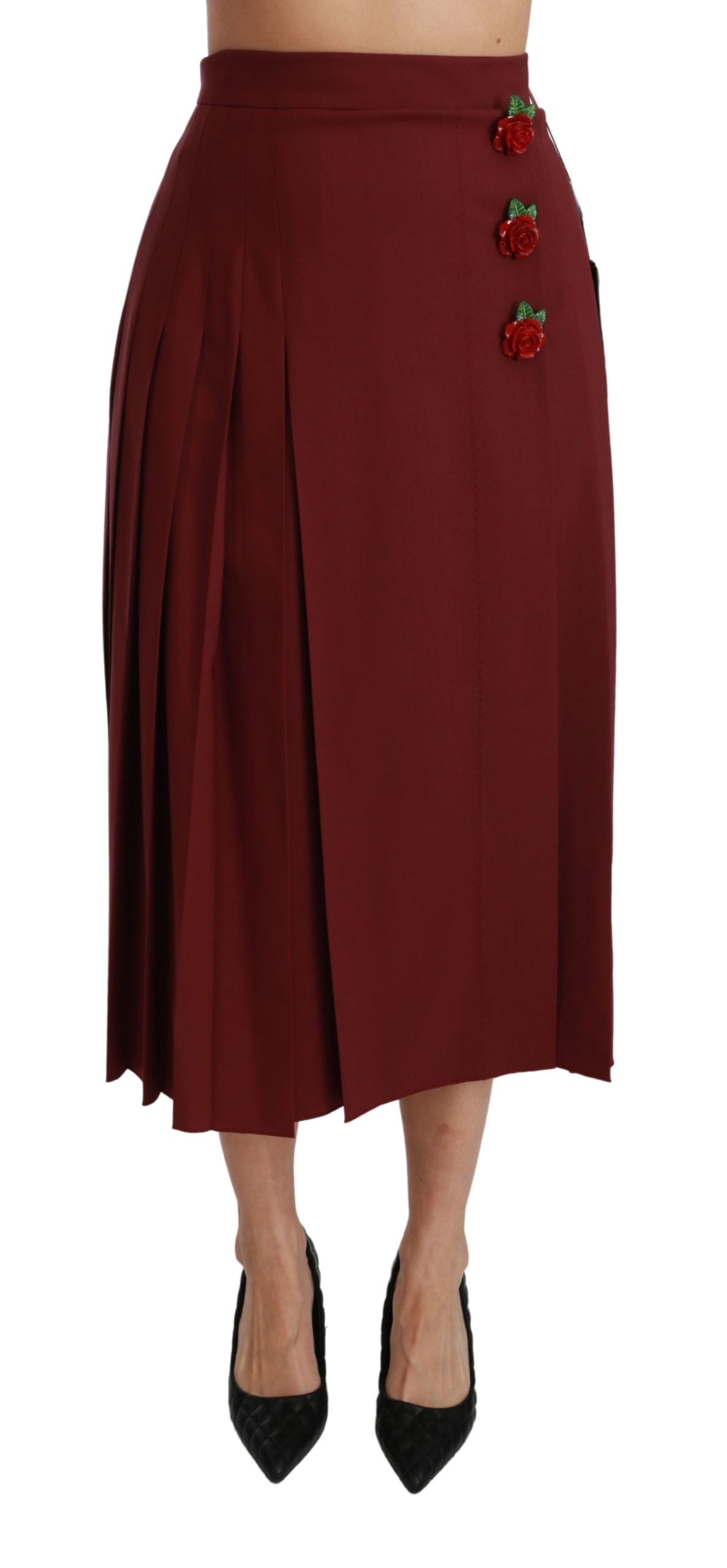 Red skirt with floral embroidery on waistband