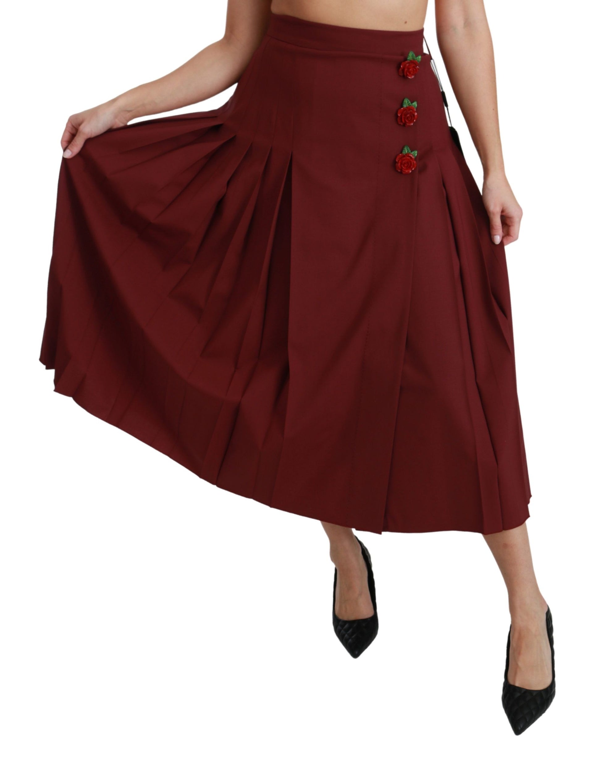 Red skirt with floral embroidery on waistband