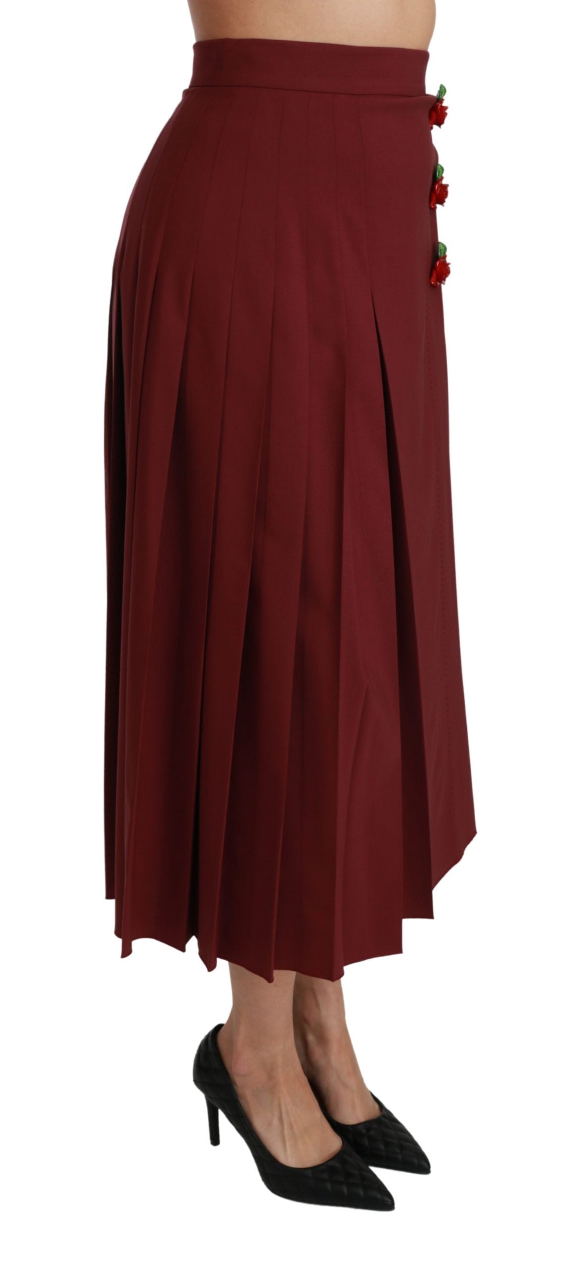 Red pleated skirt worn by a woman