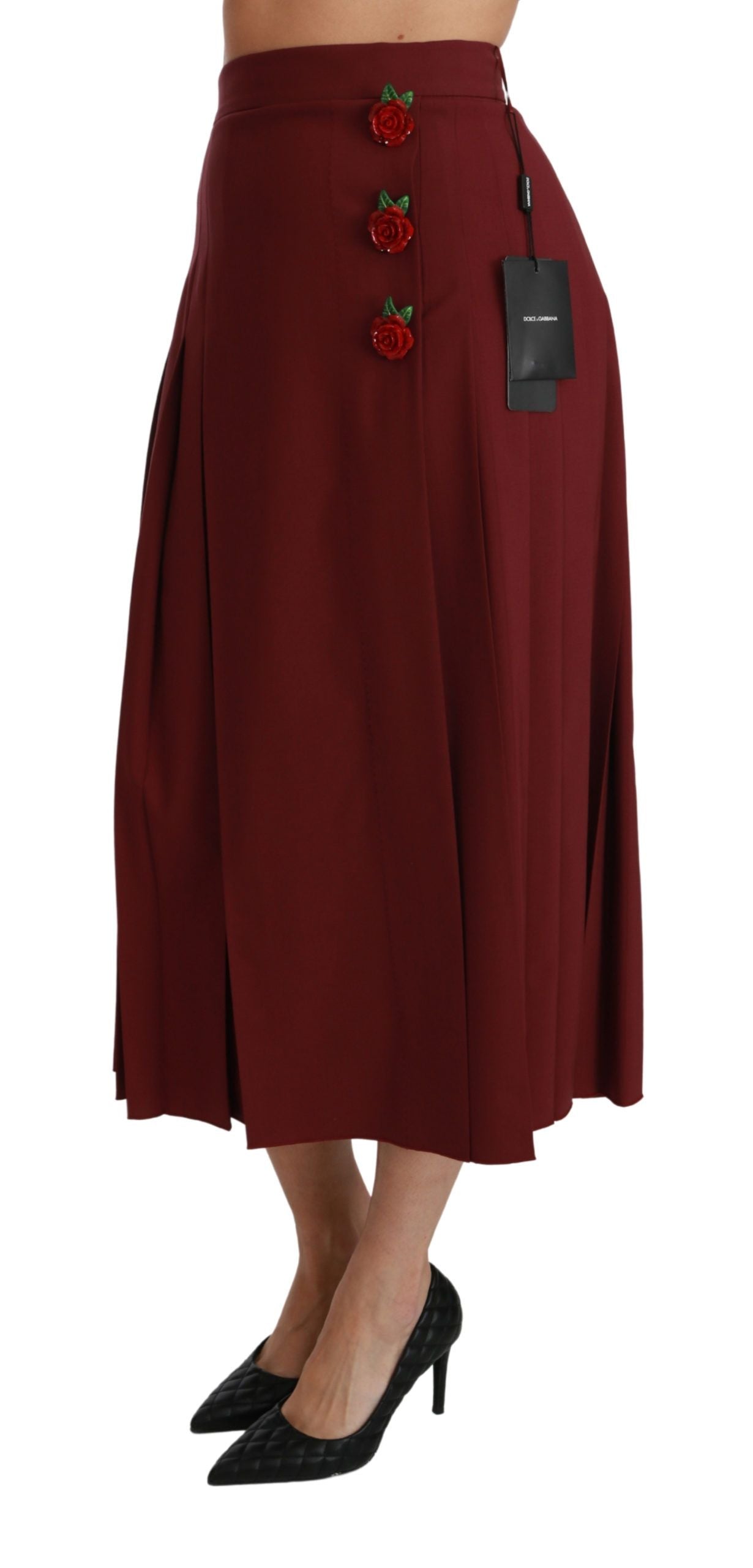 Red skirt with floral embroidery on waistband